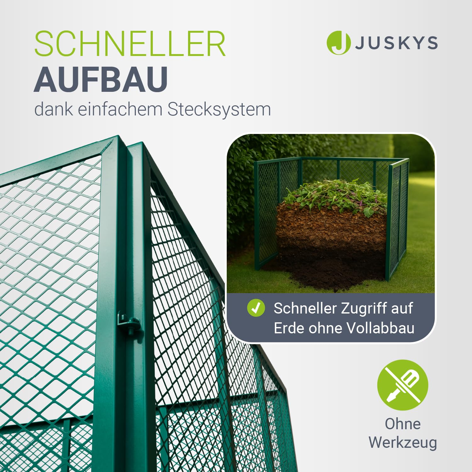 Juskys Metall Komposter 450 L, verzinkter & pulverbeschichteter Stahl, wetterfest, Belüftung durch Gitterrahmen, schnelles Kompostieren – Dunkelgrün