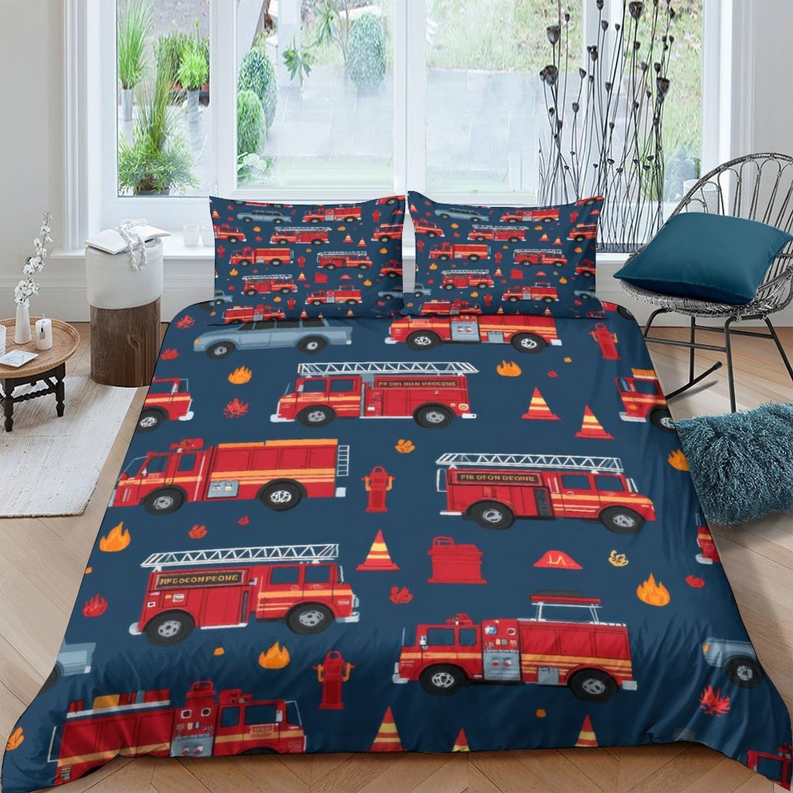 Ctjqhvkz Style-8 3D Printed Fire Truck Fitted Sheet Microfiber Soft Breathable Firefighter Bed Cover For Bedroom Dorm Mattress Protection Decor Single（135X200cm）