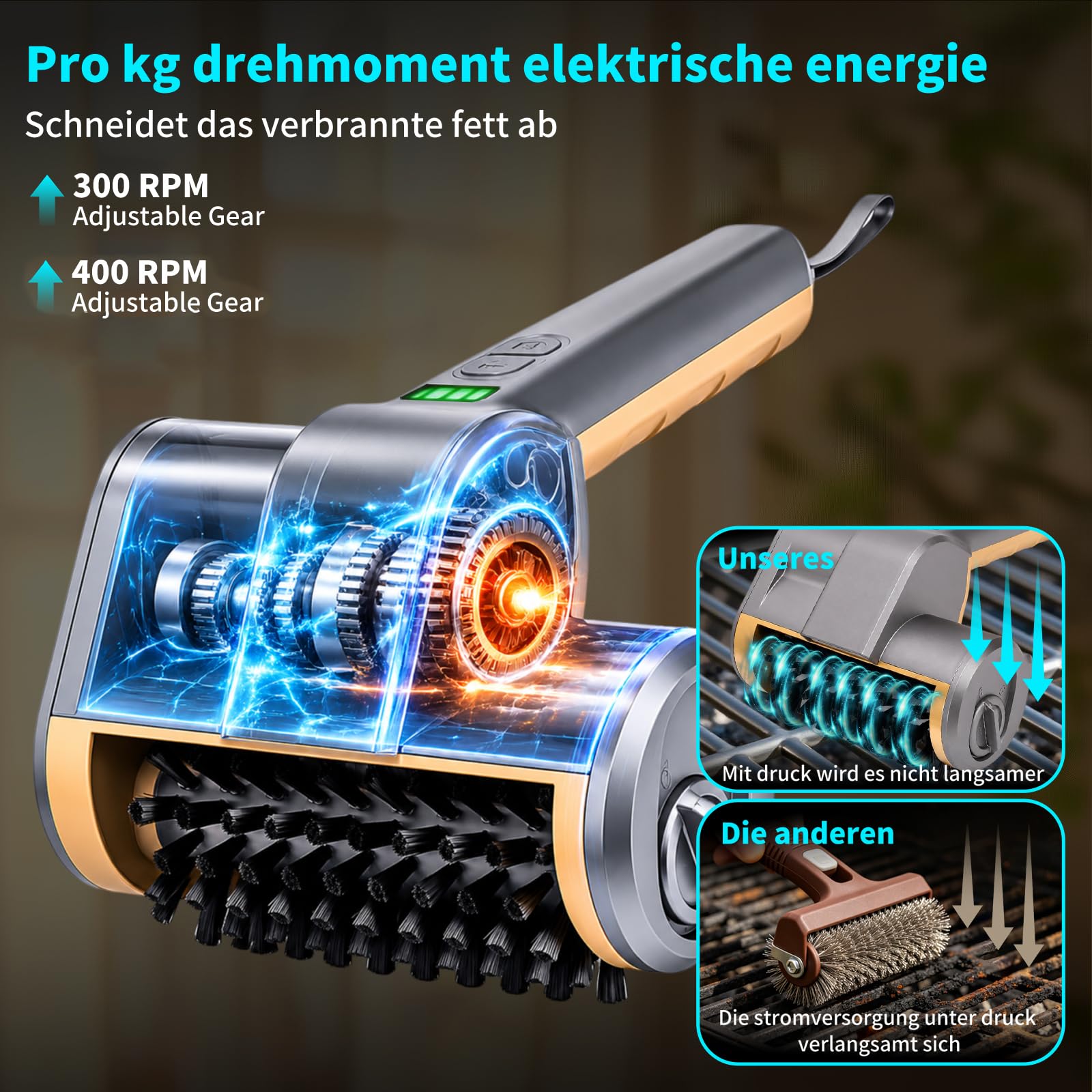 Elektryczna szczotka do grilla z oświetleniem LED, szczotka do grilla z akumulatorem z 2-stopniową czyszczeniem, wodoodporna i ładowalna szczotka do czyszczenia grilla BBQ, ruszt żeliwny, grill gazowy
