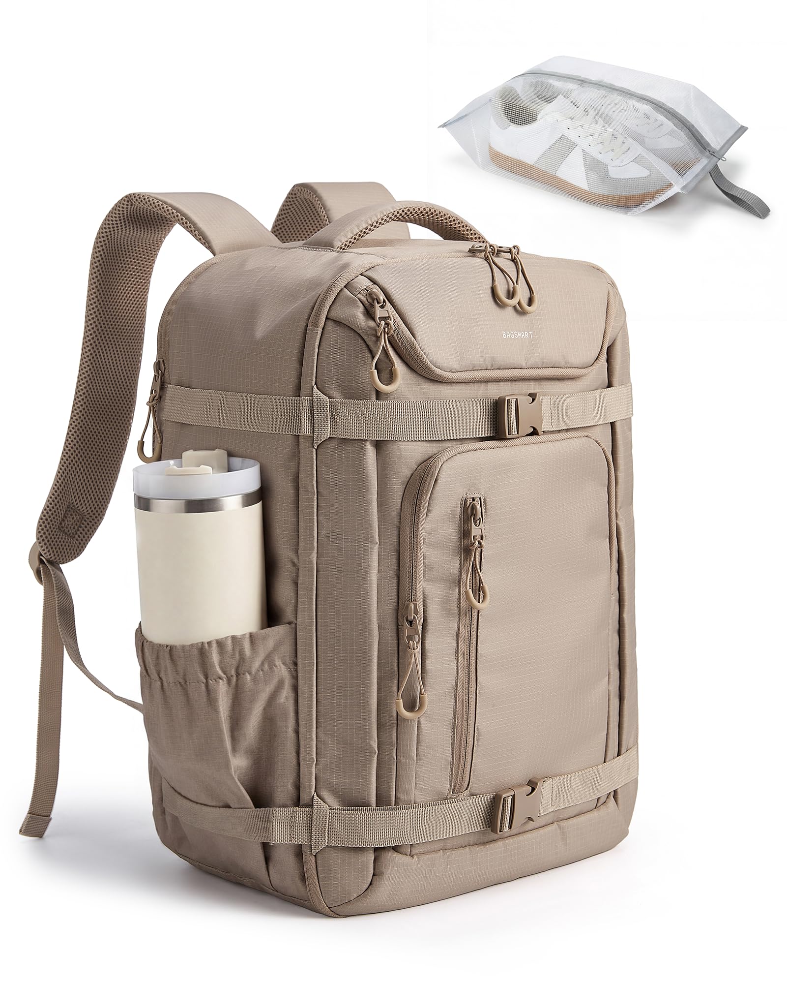 BAGSMART 40L Travel Backpack for Women & Men Fits 17-Inch Laptop, Airline Approved Carry On Backpack with Wet Pocket & Shoe Pouch, Water-Resistant Personal Item Travel Bag, Camel - 1