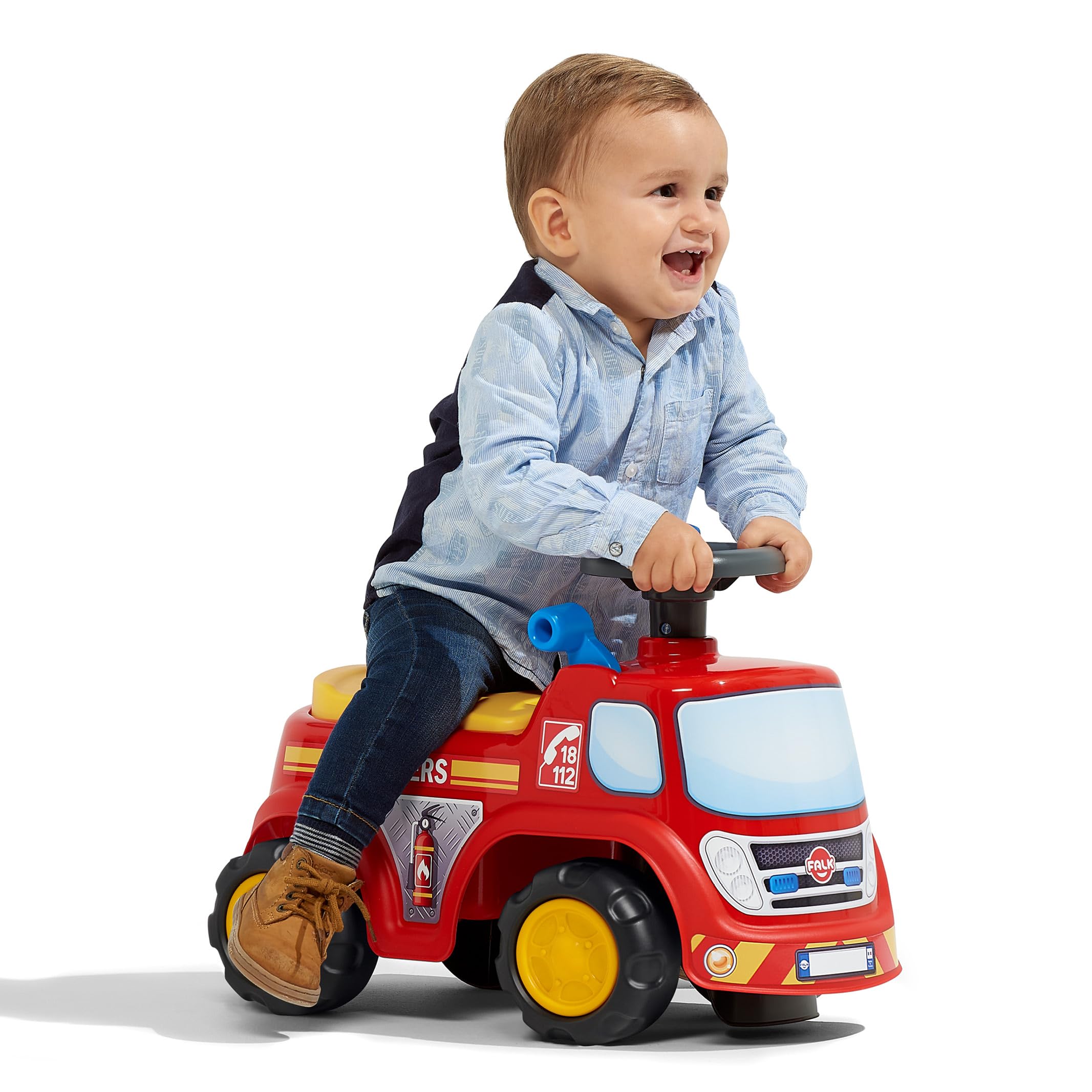 FALK Camión de Bomberos Porteur-A Partir de 12 Meses-Fabricado en Francia-Volante direccional con bocina-Palanca con Efecto sonoro-Caja de Almacenamiento-Matrícula personalizable-700, 700