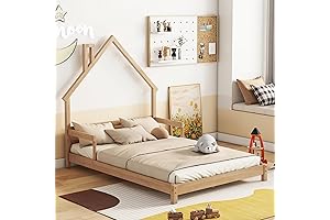Full Size House Bed Frame, Kids' House-Shaped Headboard Bed, Low Platform Bed...
