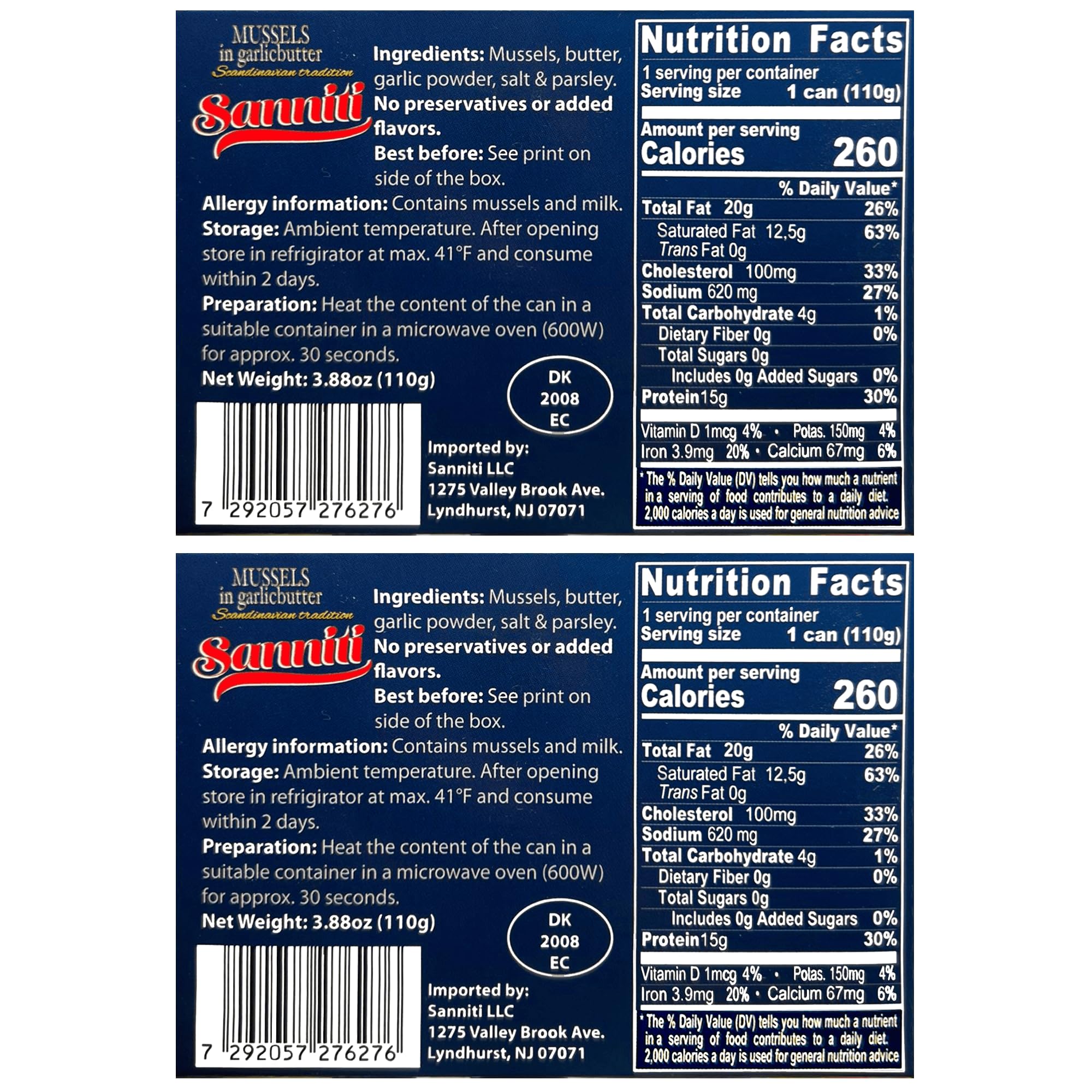 Sanniti Mussels in Garlic Butter, 3.9 oz | Scandinavian-Style Seafood | Heat & Serve | Product of Denmark | Natural Source of Omega-3