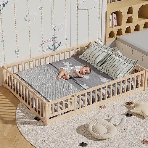Miniatura 9 de Marco de cama Montessori de madera de tamaño individual con listones de madera, valla y puerta para niños, niñas y niños, espresso (con listones de