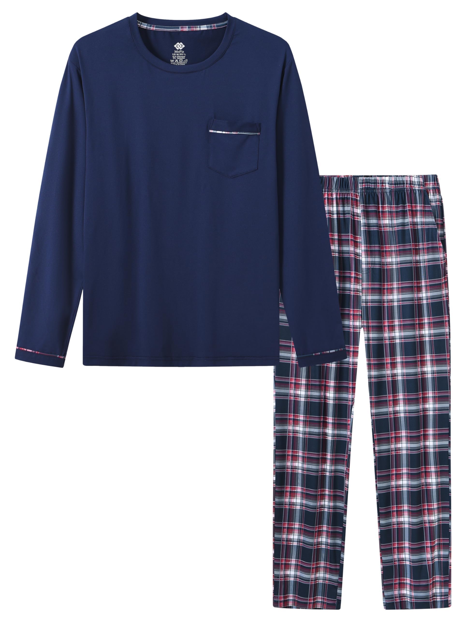 MoFiz Pijamas Largo Hombre Invierno Suave Cálido Ropa de Dormir Conjunto de Pijama Manga Larga Camiseta y Pantalón de Pijama a Cuadros con Bolsillos