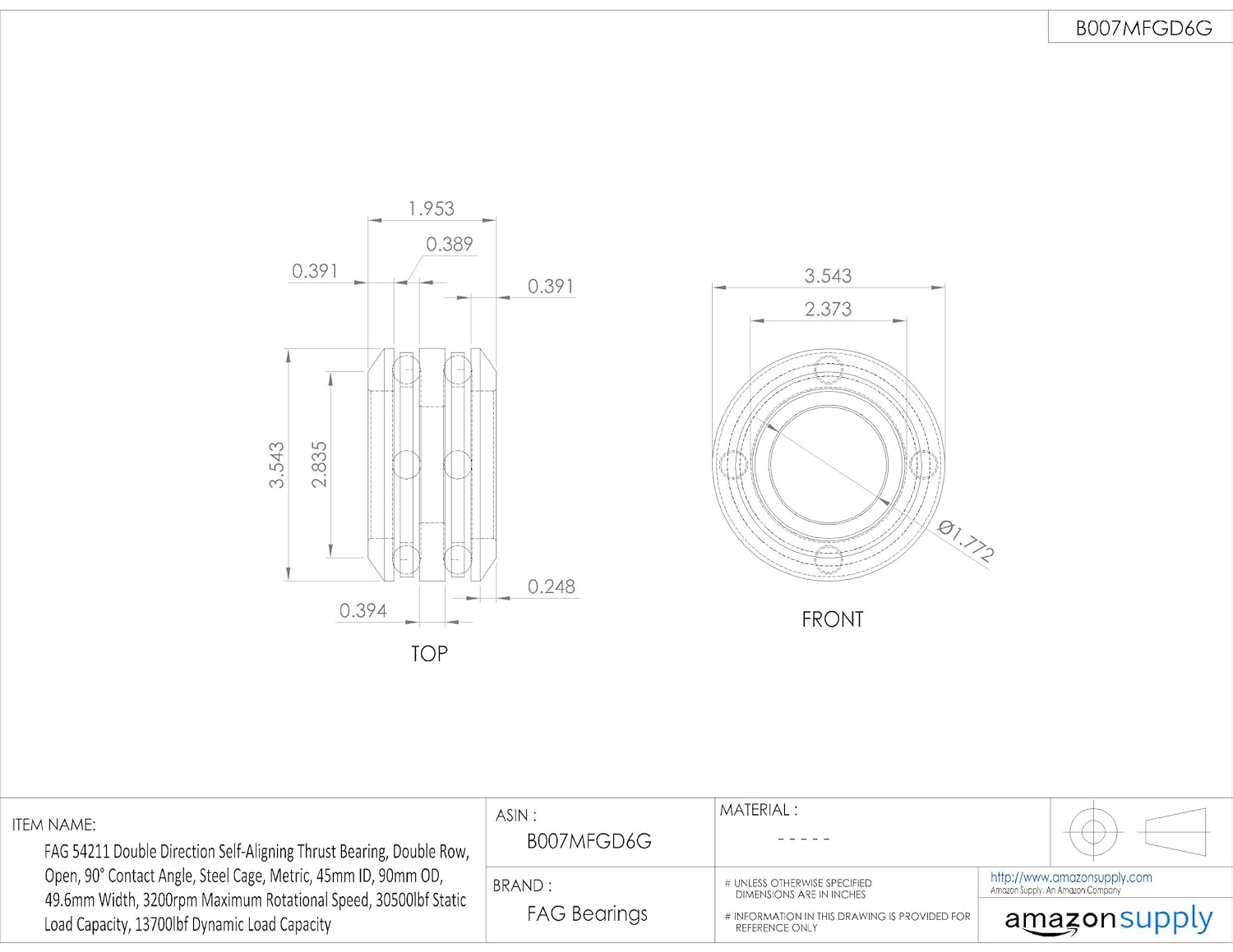 FAG Bearings 54211 Double Row Double Direction Self-Aligning Thrust Bearing, Open, 90° Contact Angle, Steel Cage, Metric, 45mm ID, 90mm OD, 49.6mm Width, 3200rpm