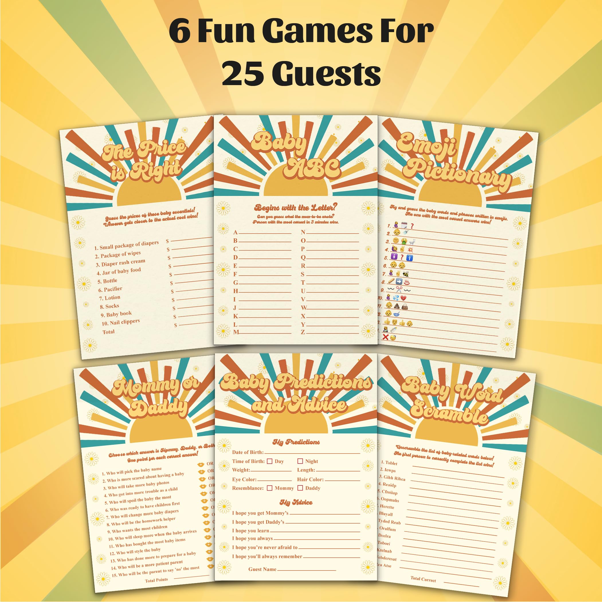 Here Comes The Son Baby Shower Games - 6 Baby Shower Games, 25 pc - Baby ABC, Baby Predictions and Advice, Baby Word Scramble, Emoji Pictionary, Mommy or Daddy, The Price is Right