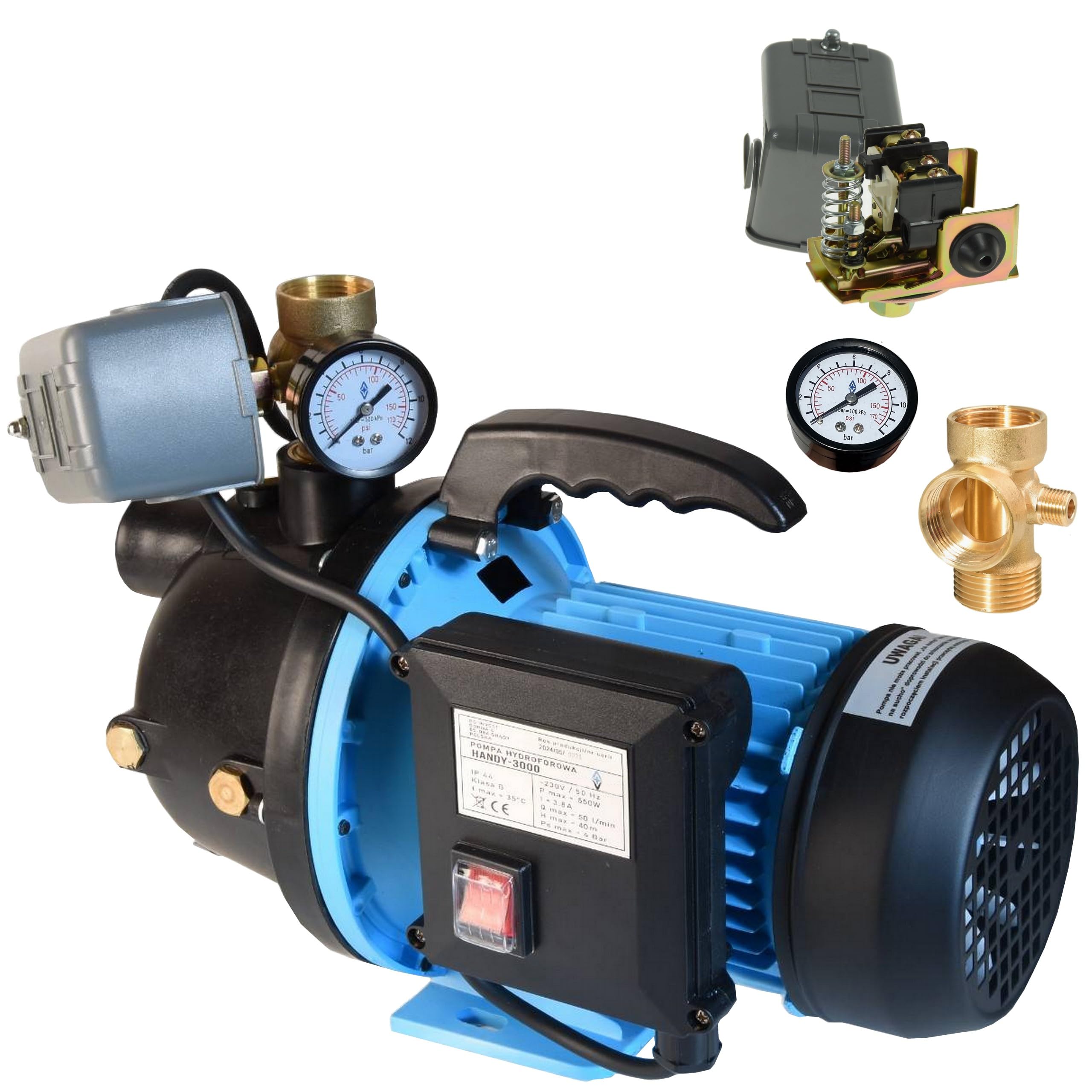 Wasserpumpe HANDY 3000 - Gartenpumpe (550W 3000l/h Förderhöhe 40m) - mit Manometer Druckschalter 5-Wege Verteiler - Tragbare - elektrische Pumpe Hauswasserwerk - für Brauchwasserversorgung Bewässerung