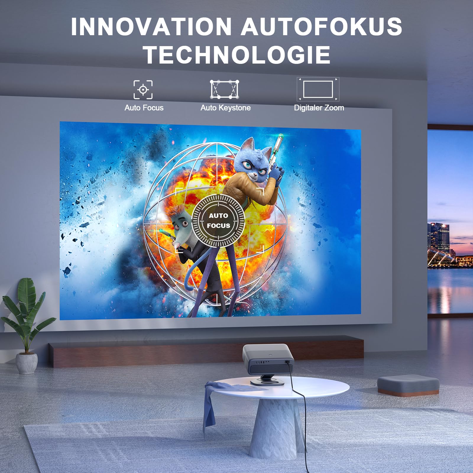 Smart Beamer 4K【Netflix-Fähig & Dolby Audio】VISSPL 4000 ANSI Video Projektor,Autofokus&Trapezkorrektur,1080P Full HD WiFi6 Bluetooth Heimkino/Outdoor Beamer mit 360°-Halter für Handy【Upgrade Version 】