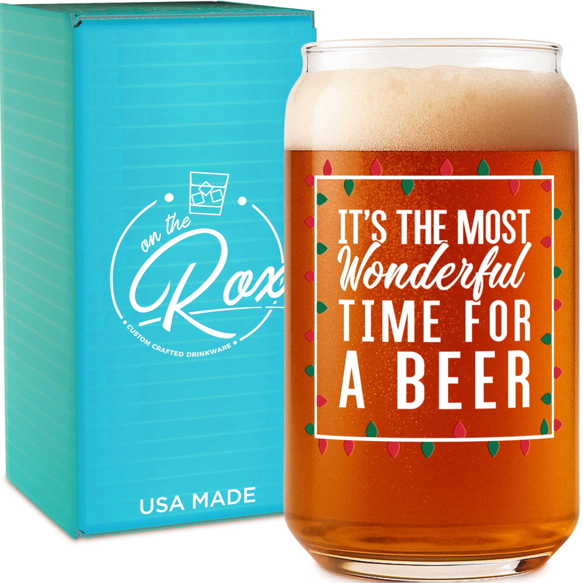 On The Rox Most Wonderful Time for a Beer- Red, Green and White- 16 Ounce Glass- Ideal for Men and Women - Funny Glass (Most Wonderful)