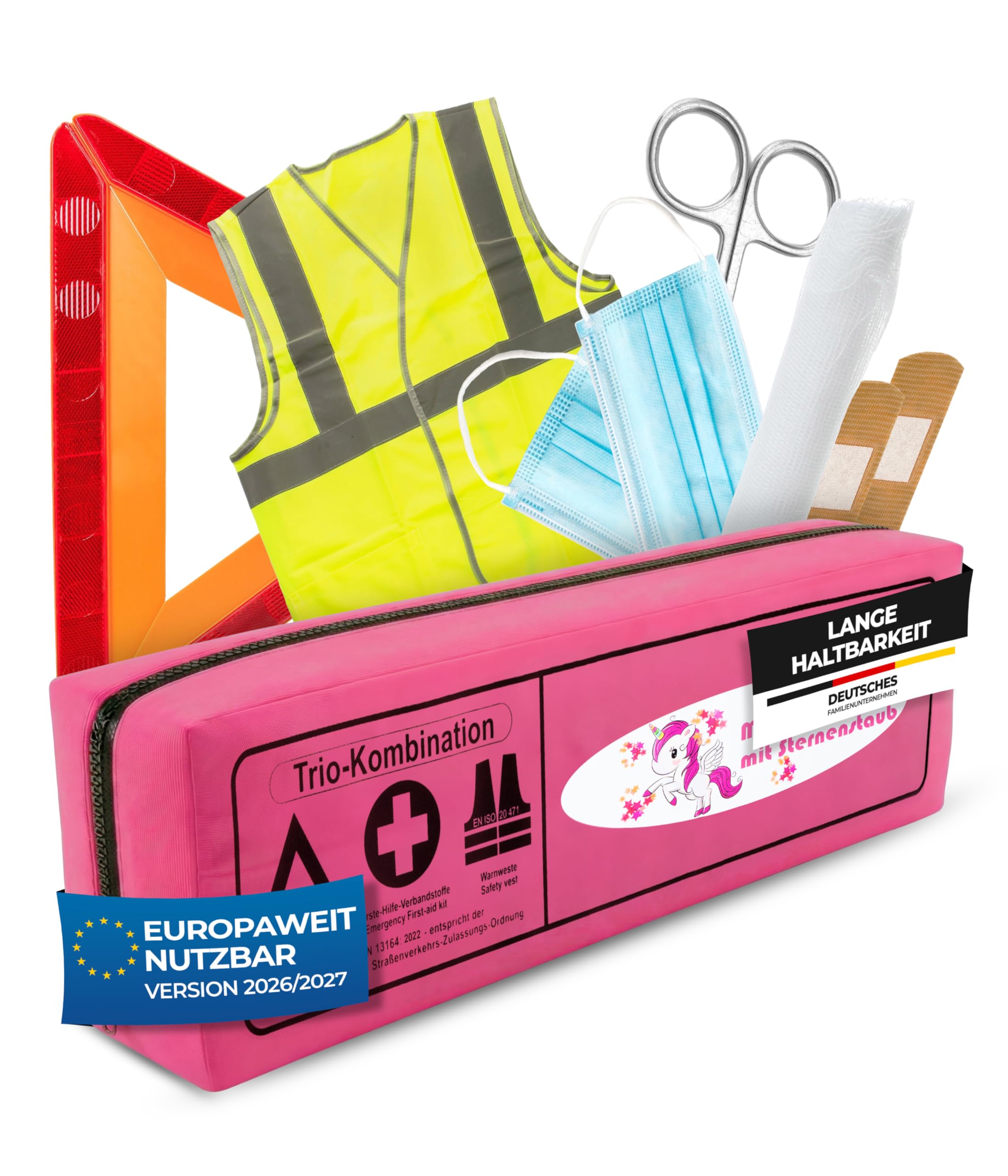 Thomatex® KFZ Kombitasche (3in1) 2026/2027 [DIN 13164-2022] – Lange Haltbarkeit – Erste-Hilfe-Set mit Warndreieck & Warnweste – Pink mit Einhorn-Motiv