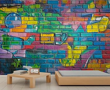 Urban Graffiti Wall Mural, Street Pop Graffiti Bar Wallpaper, Abstract Colored Bricks 3D Waterproof Accent Wallpaper for Coffee Shop Restaurant Lounge Diner Non-self-Adhesive
