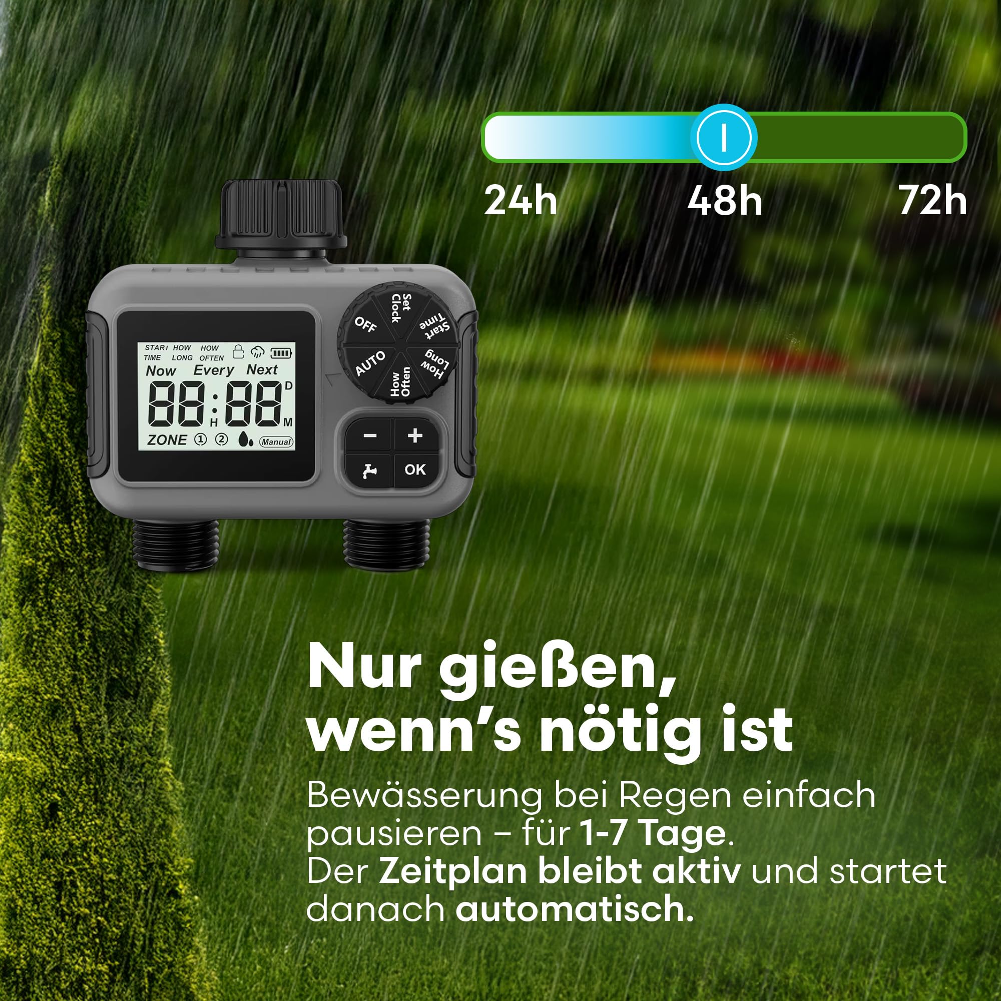 rainfactory Temporizador con 2 salidas, IP55 resistente al agua, retardo de lluvia, temporizador digital de riego, 2 salidas para dos zonas diferentes, manguera de goteo inteligente de control de