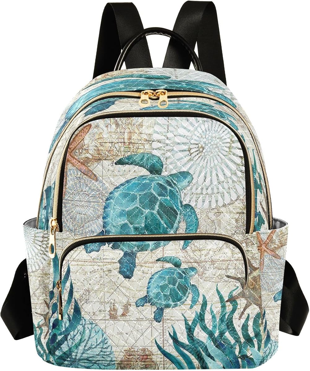 Vintage Ocean Sea Turtle Women Backpack Purse Travel Daypack Shoulder Bag