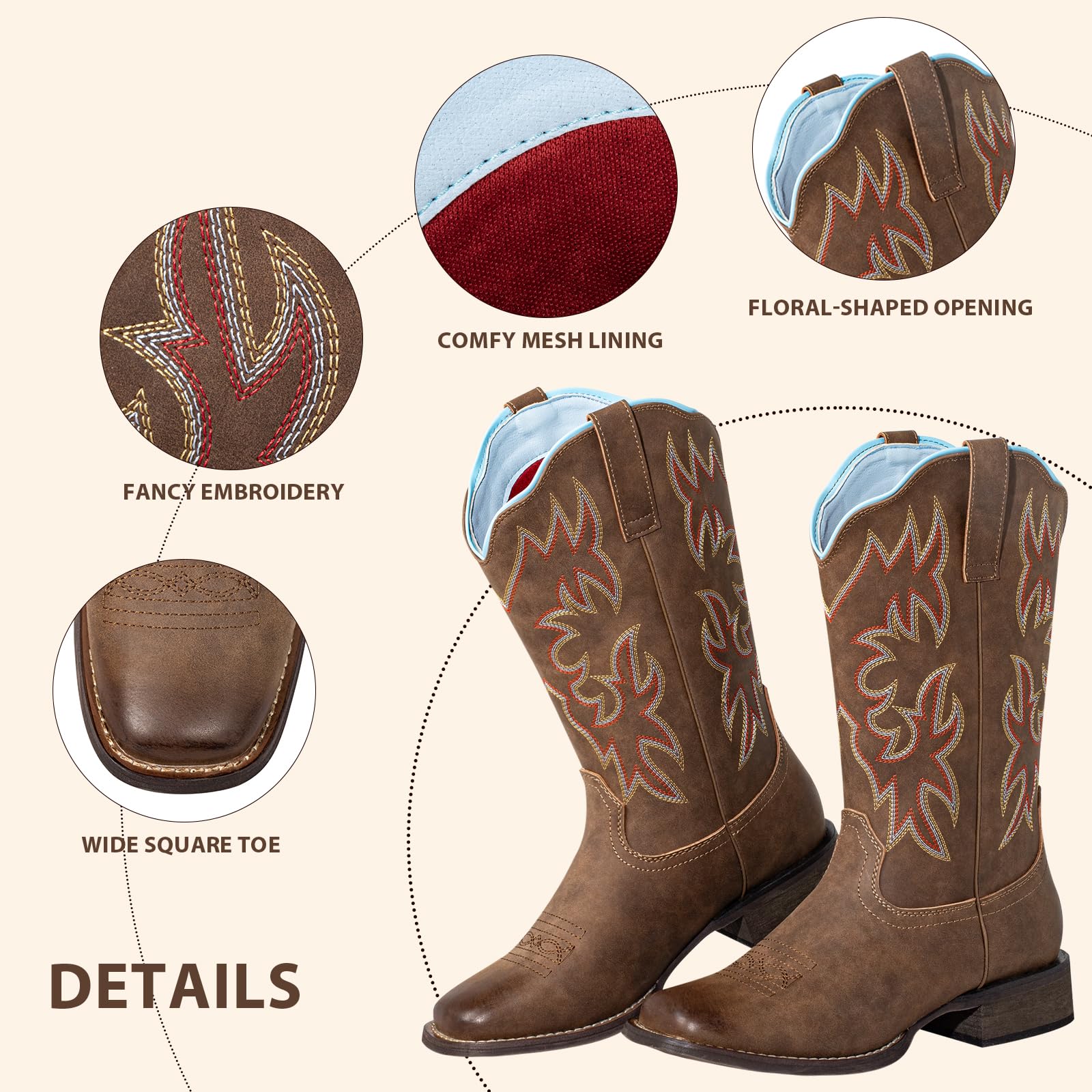 J's.o.l.e Stivali da cowboy da donna con punta quadrata, polpaccio largo, stile western, con ricamo classico, marrone