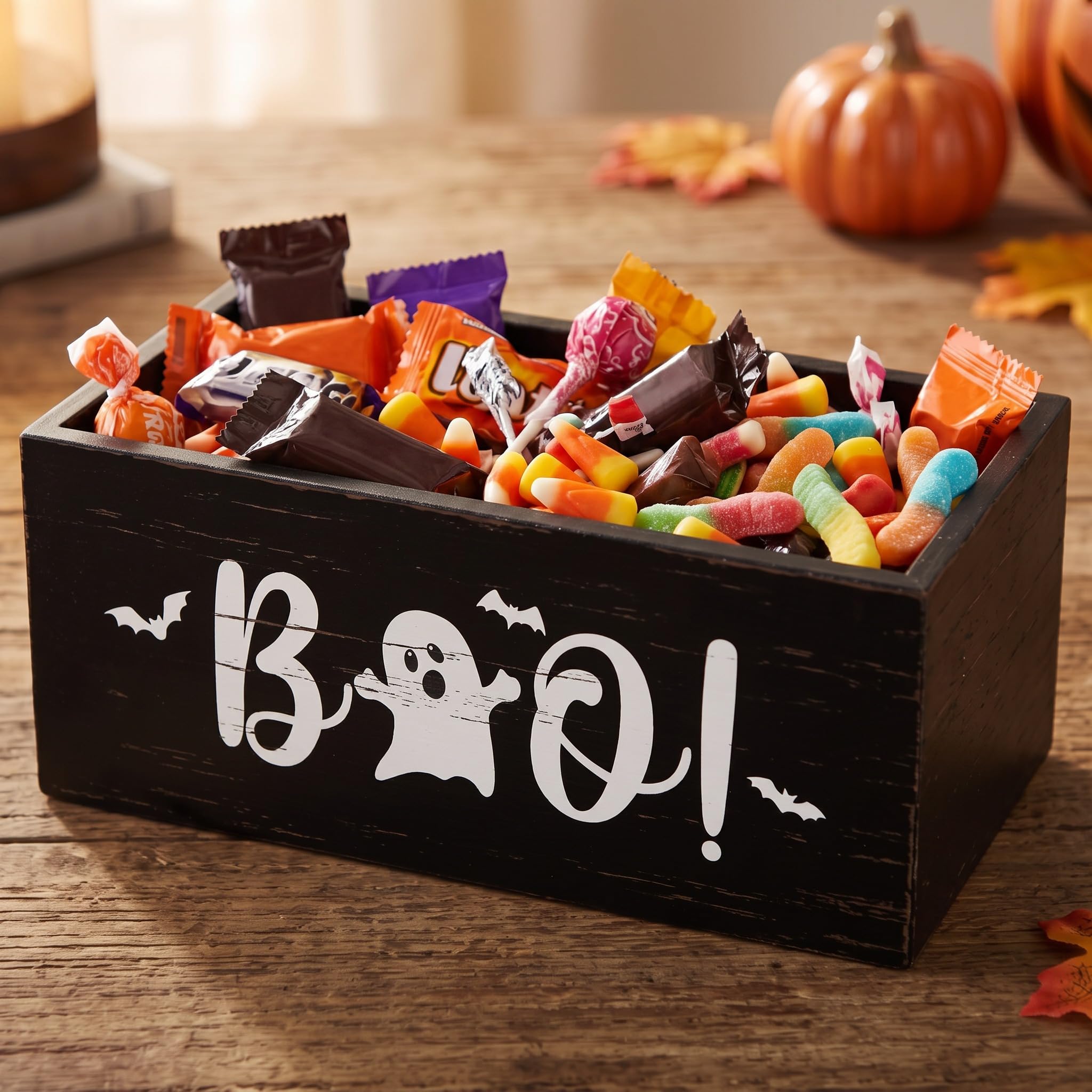 Sintuff Halloween Wooden Candy Bowl Trick or Treat Serving Dish, Boo
