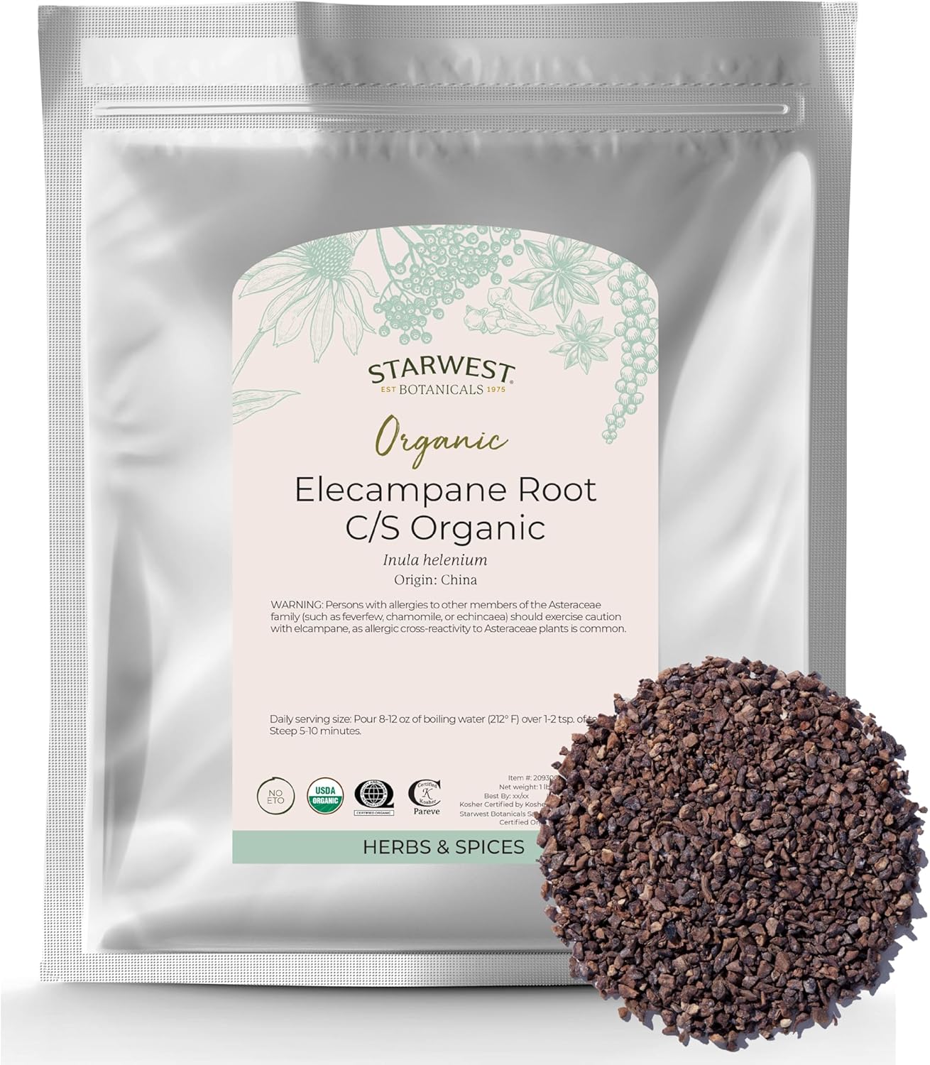Starwest Botanicals Organic Elecampane Root - Dried Loose Herb for Tea, Tinctures, & Herbal Blends, Natural Wellness Support for Women & Men, Cut & Sifted, Certified Kosher, Non-GMO - Bulk 1 lb Bag