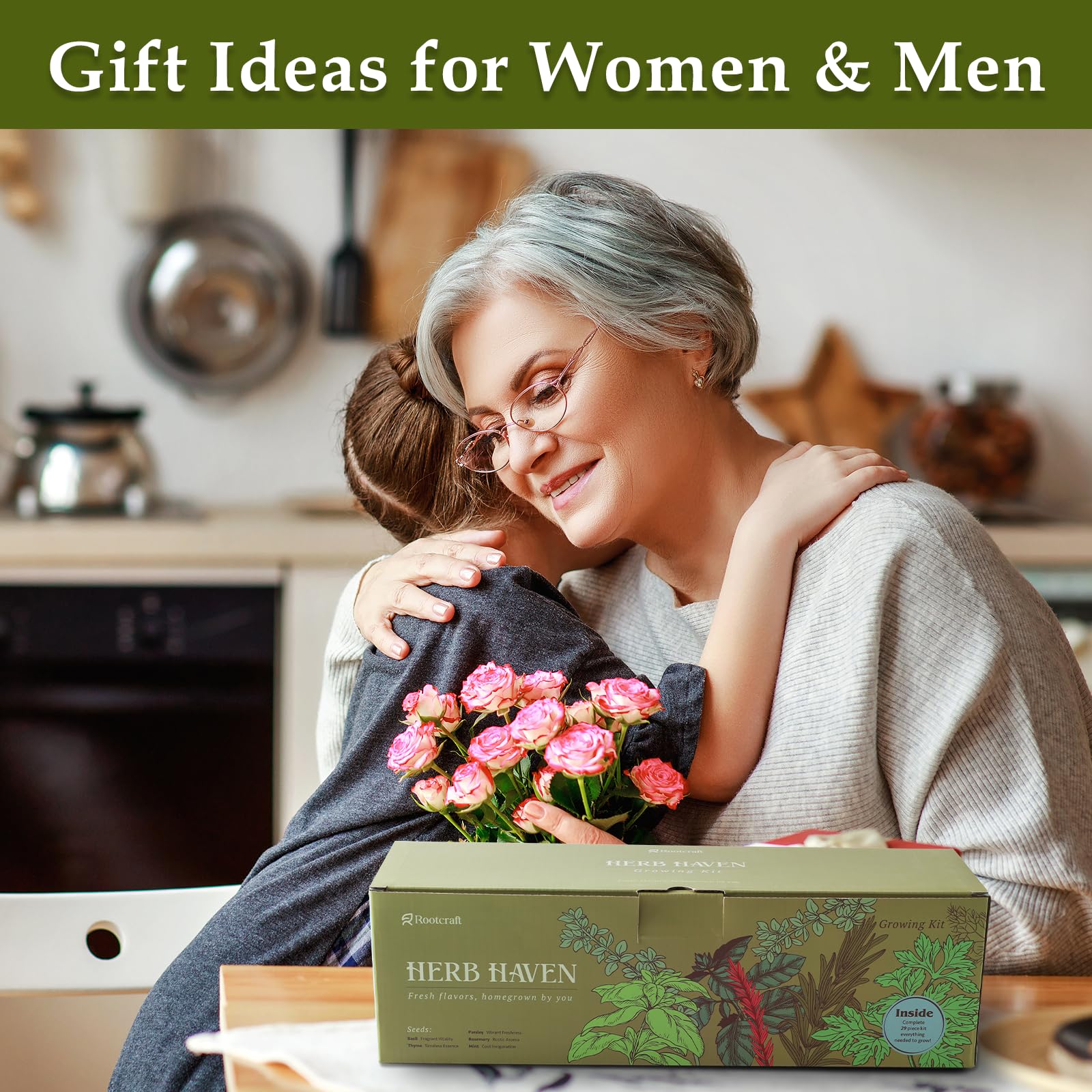 Pot de fleurs de jardin à 5 herbes avec boîte en bois, kit de démarrage de graines de cuisine pour la maison, y compris basilic, thym, persil, romarin, menthe, anniversaire, fête des mères, pendaison