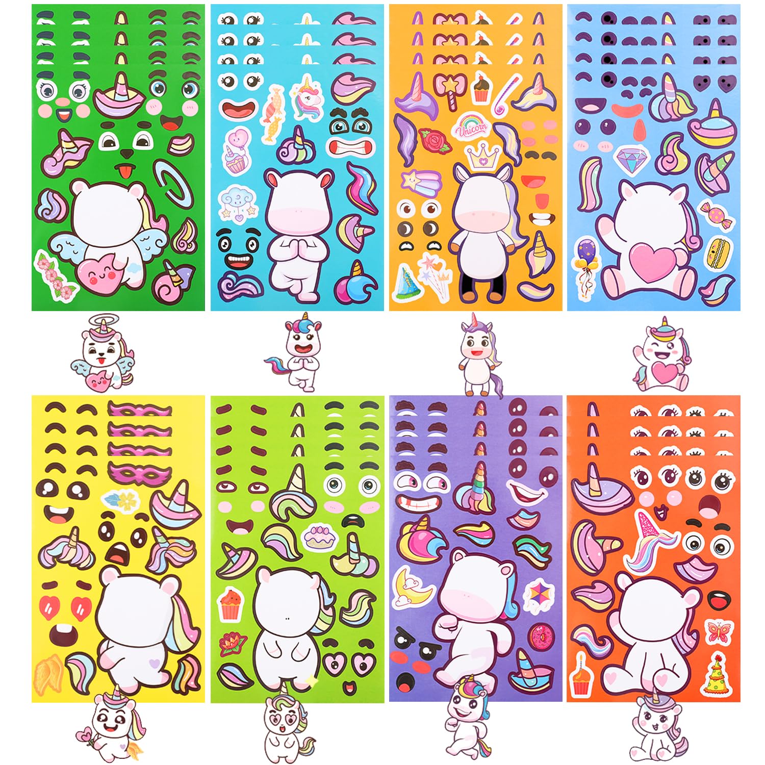 32 Pegatinas de Unicornio para Niñas Niños, Lindas Divertidas Make a Face Stickers Pegatinas para Hacer una Cara Decoracion de Cumpleaños de Unicornio Regalos de Fiesta de Unicornio(8 Estilos)