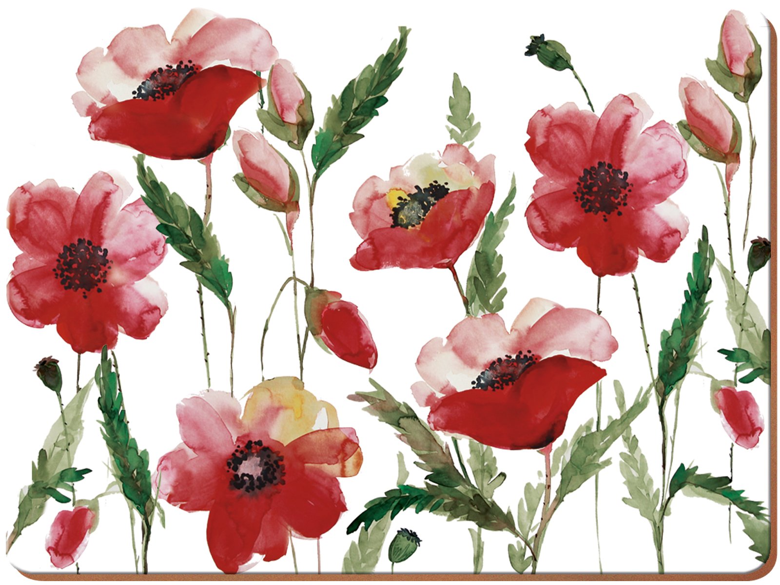Creative Tops Red "Watercolour Poppy Premium Cork-Backed Placemats, Large, 4-Piece