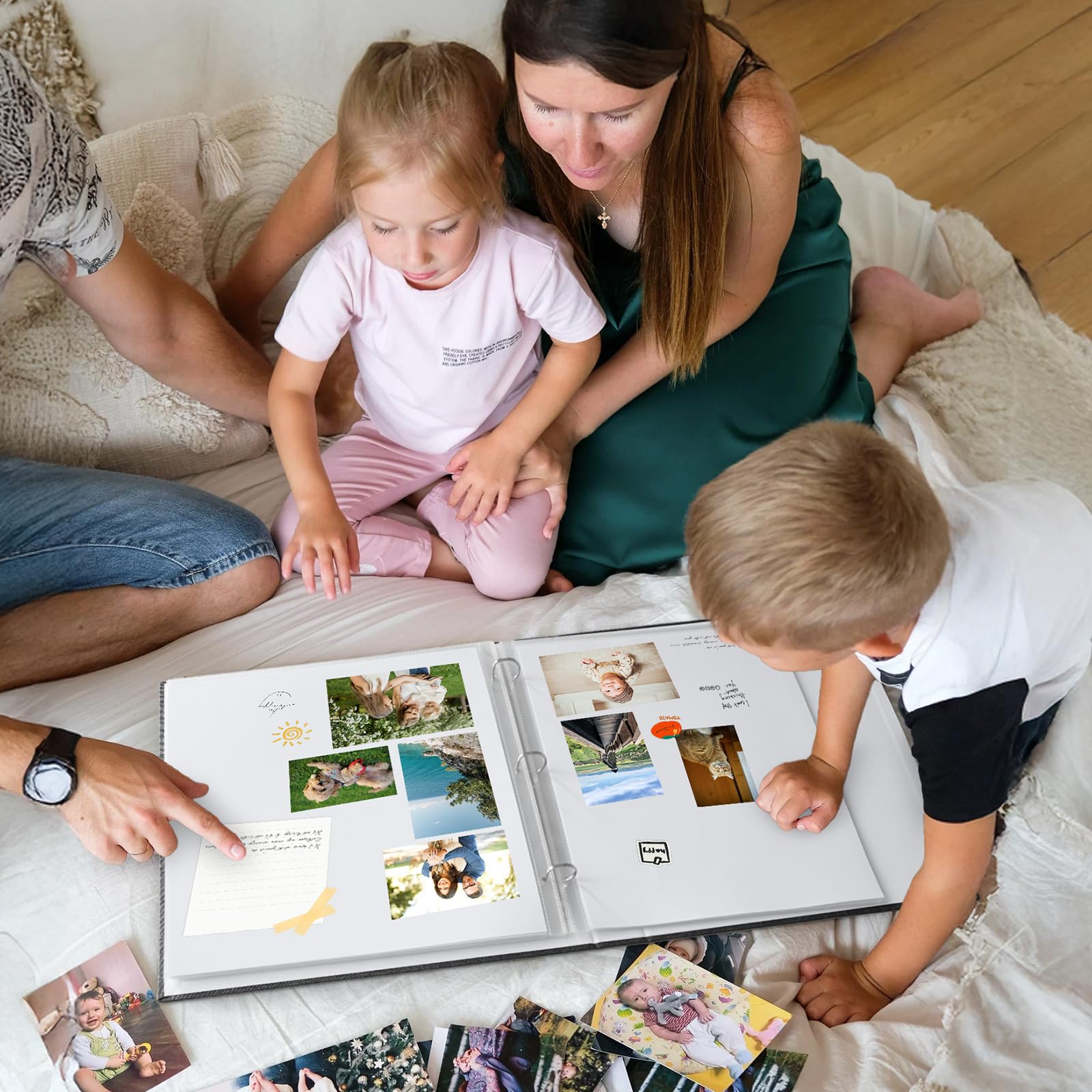 3 Ring Binder 12x12 Inch Large Scrapbook Photo Album, Linen Cover Scrap Book with 30 Plastic Sleeves 60 Pages 12 x 12 Scrapbooks White Pages for Wedding Couples Baby Travel Women Kids (Black)