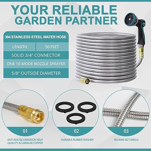 Miniatura 2 de Manguera de jardín de 50 pies, manguera de agua de acero inoxidable 304, flexible con un rociador de boquilla de 10 modos, sin torceduras, ligera, a