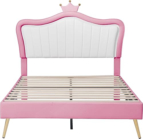 Miniatura 9 de Bonita cama de princesa tapizada de tamaño matrimonial con cabecera corona, marco de cama tapizado moderno con luces LED, no requiere somier (blanco