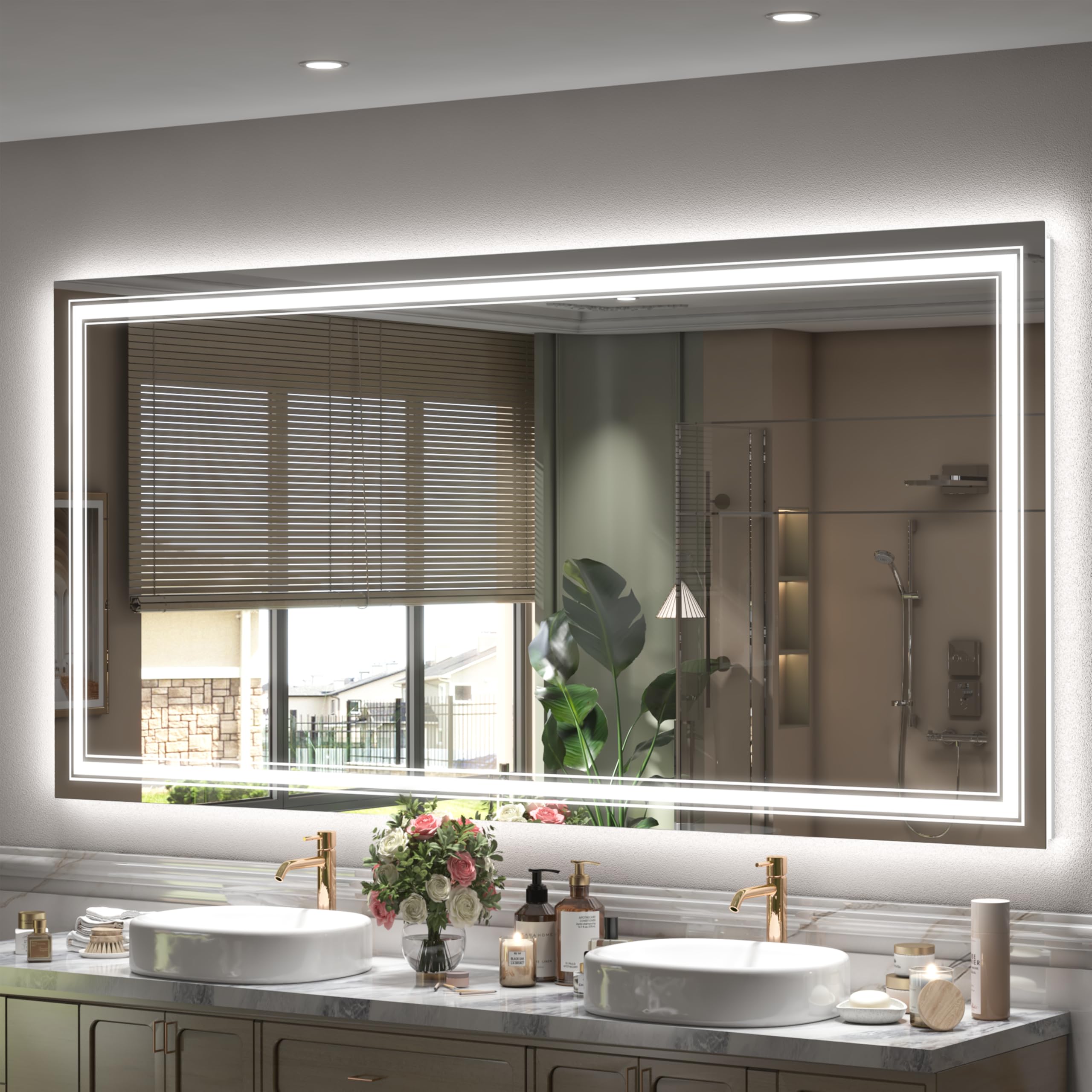 60x30 inch led bathroom mirror for wall, illuminated vanity mirror with lights, dimmable, anti-fog, shatter-proof, etl listed (backlit and front lighted)