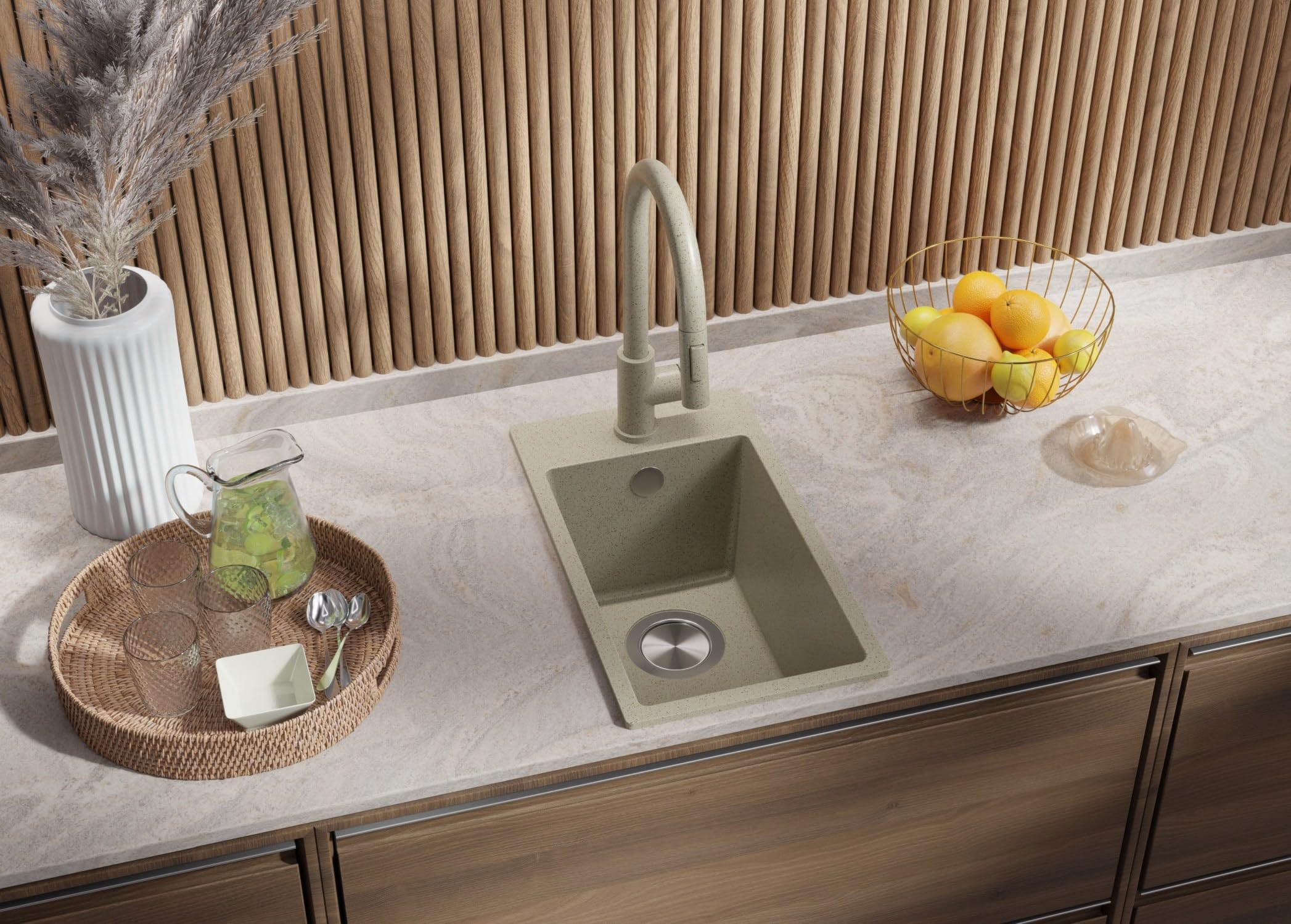 PRIMAGRAN Fregadero Granito Todo Beige - Riga, 28x50cm | Cocina 1 Seno + Grifo 32x20cm + Set de accesorios, sobre Encimera al Mueble 30cm (S018)