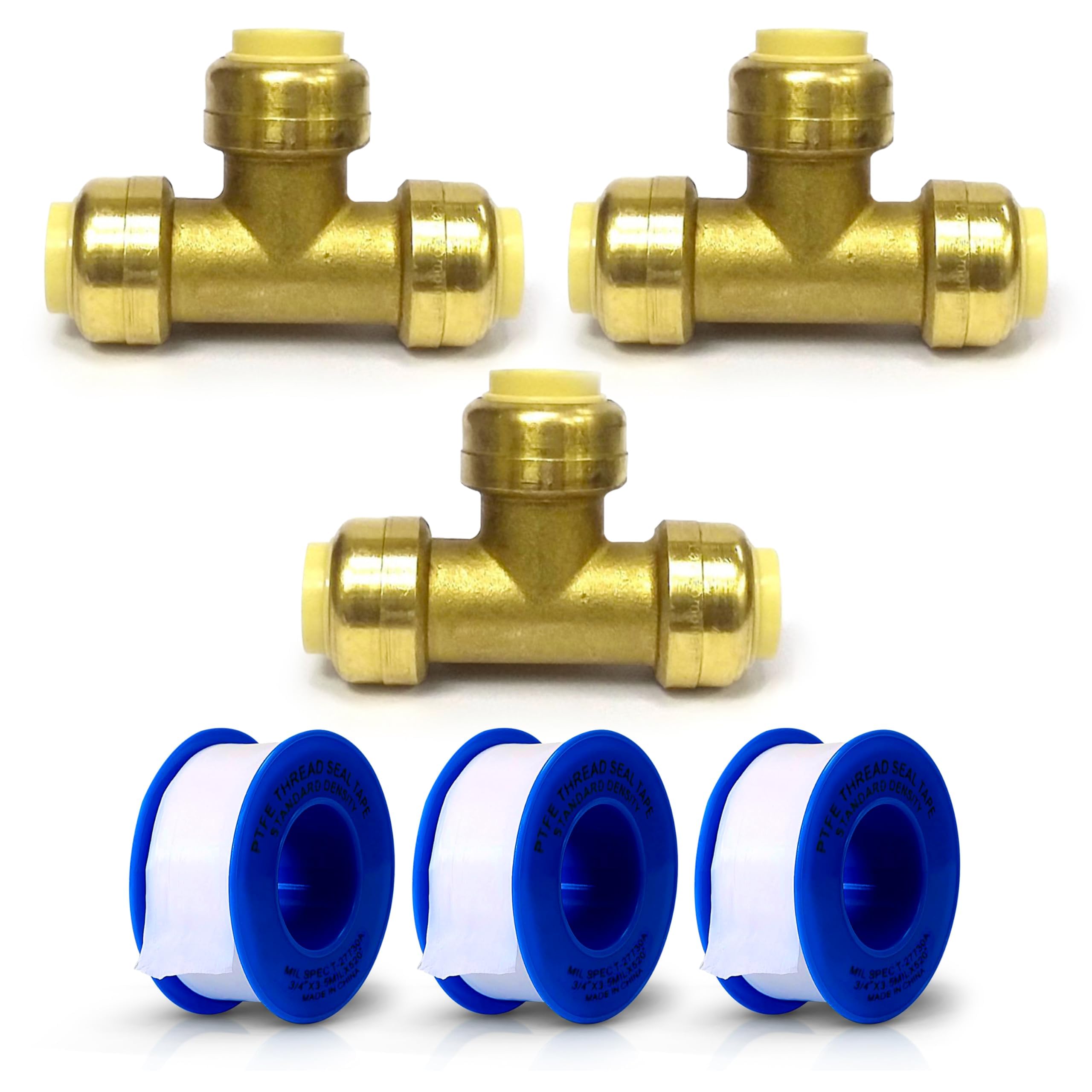 3/4" Push Fit Tee Connection Fittings - Brass Plumbing Connectors for PEX, Copper, PVC Tubes & Pipes, Quick Connect, Bite Adapter, Slip Reducer, Valve