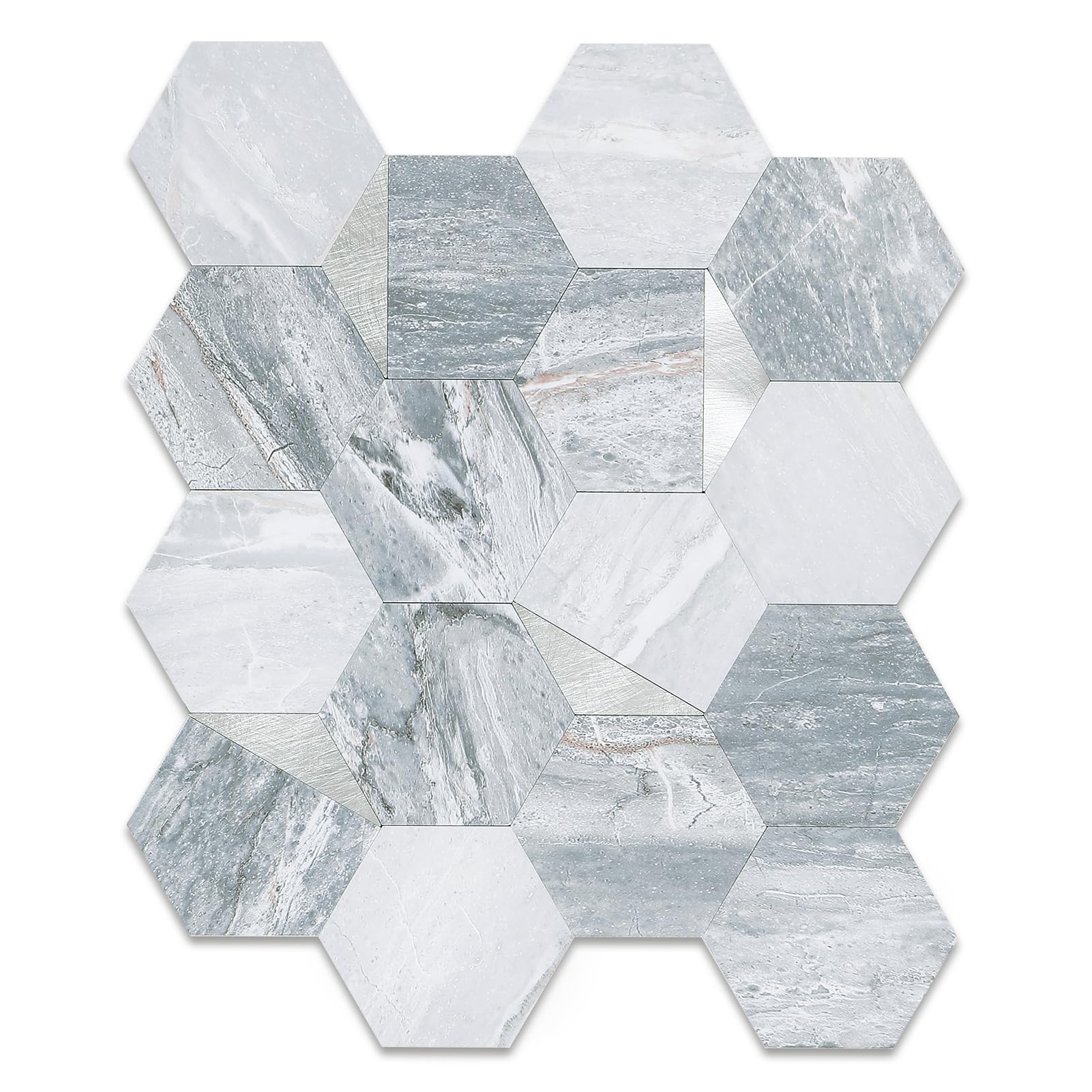 10 Pcs Hexagon PVC Peel and Stick Backsplash, Self-Adhesive Bevel Edge Metal Seamless Mosaics for Kitchen Backsplash, Bathroom, Home Décor (Gray Rock)