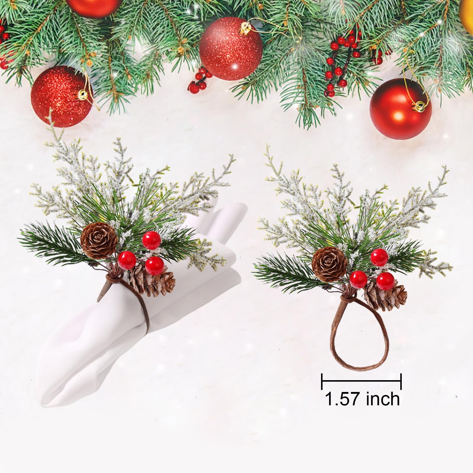 Emivery 12 Pieces Christmas Napkin Rings, Pine Needle Red Berries Xmas Napkin Holder Rings Pine Cone Handmade Napkin Rings for Christmas Wedding Party Banquet Table Decor