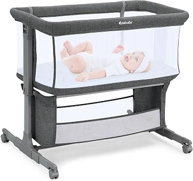 Ezebaby Baby Crib Co-sleeping 7 Adjustable Height Levels Movable Newborn Bed Mini Portable Convenient with Casters Mattress Easy Assembly Compact Mesh Breathable Washable Anti-Spit Up Prevention