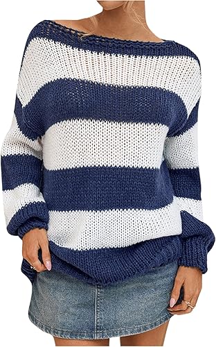 SHENHE Women's Fall Off The Shoulder Sweater Oversized Strip