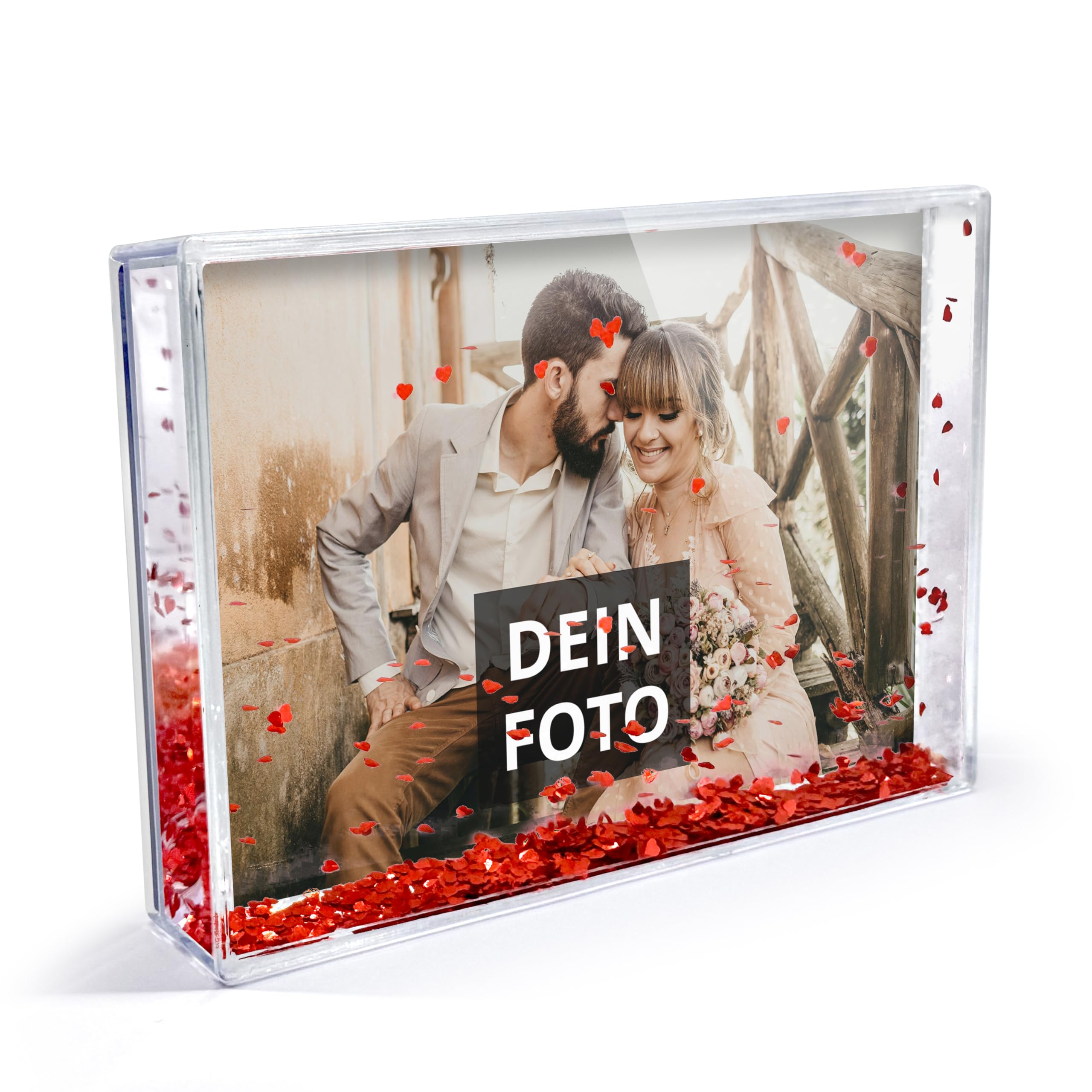 printplanet® - Personalisierter Schüttelrahmen mit Foto - 3D Bilderrahmen mit Herzchen-Füllung und eigenem Foto gestalten - Acryl-Fotoblock
