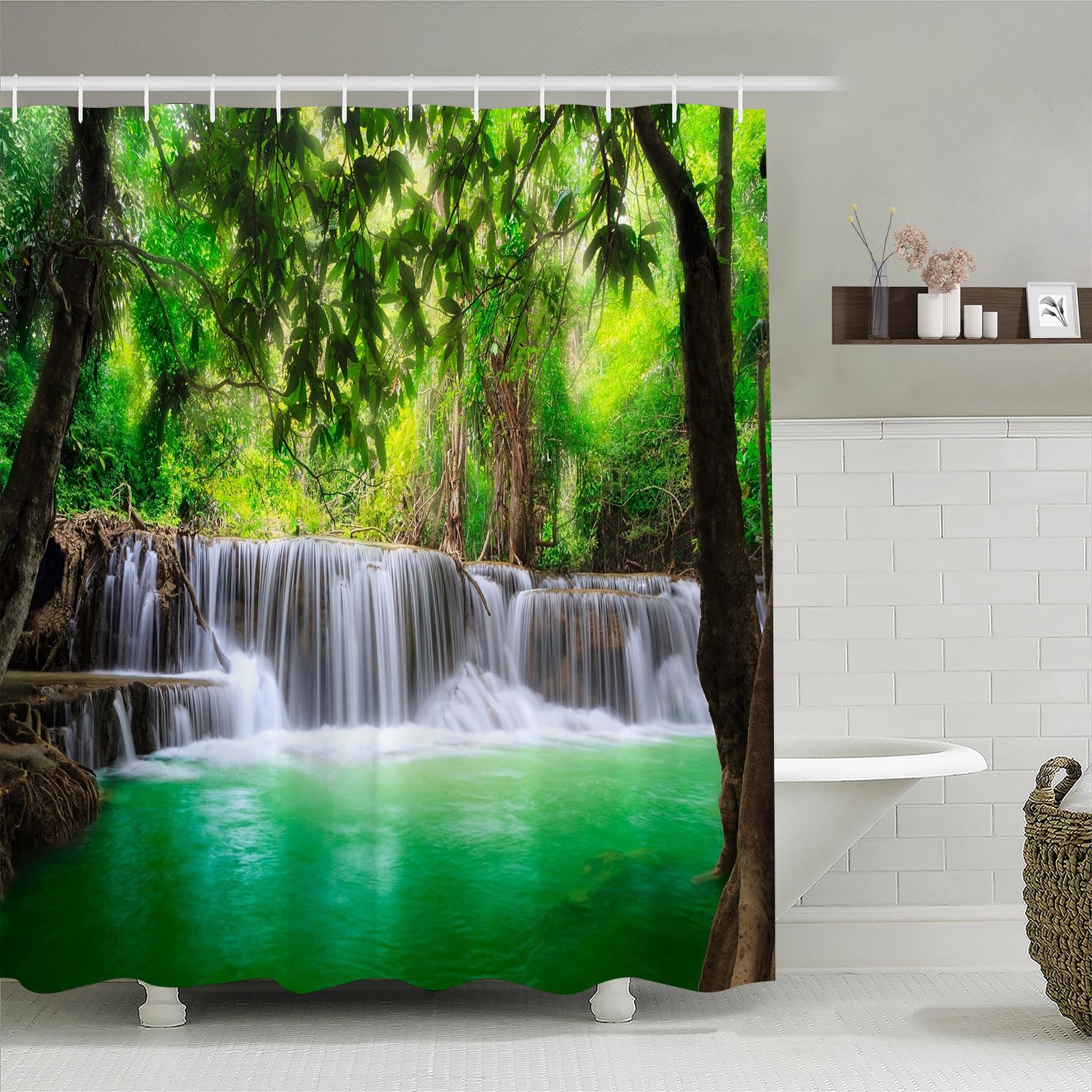 Simpomsy Outdoor Shower Curtain For Garden Green Lake Summer Waterfall In Forest Woodland Nature Jungle Scenery Art Printing Summer Bath Curtain With 12 Hooks 150x180cm