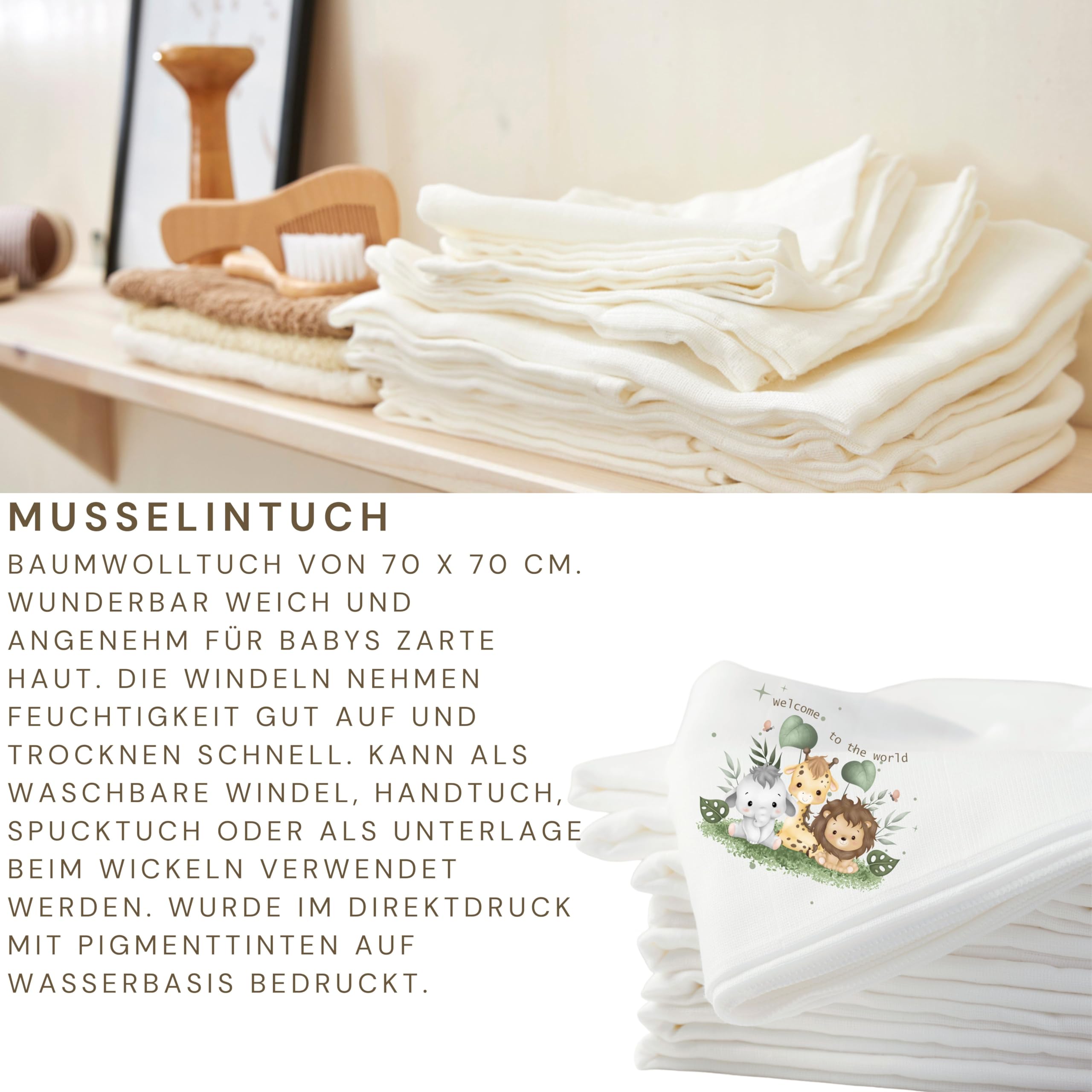 Trend Mama® | Musselin Windeltorte | 27 Windeln (Gr.2), Musselintuch, Baby Lätzchen, Babysocken | Baby Party Geschenk (Welcome to the World | Jungle)