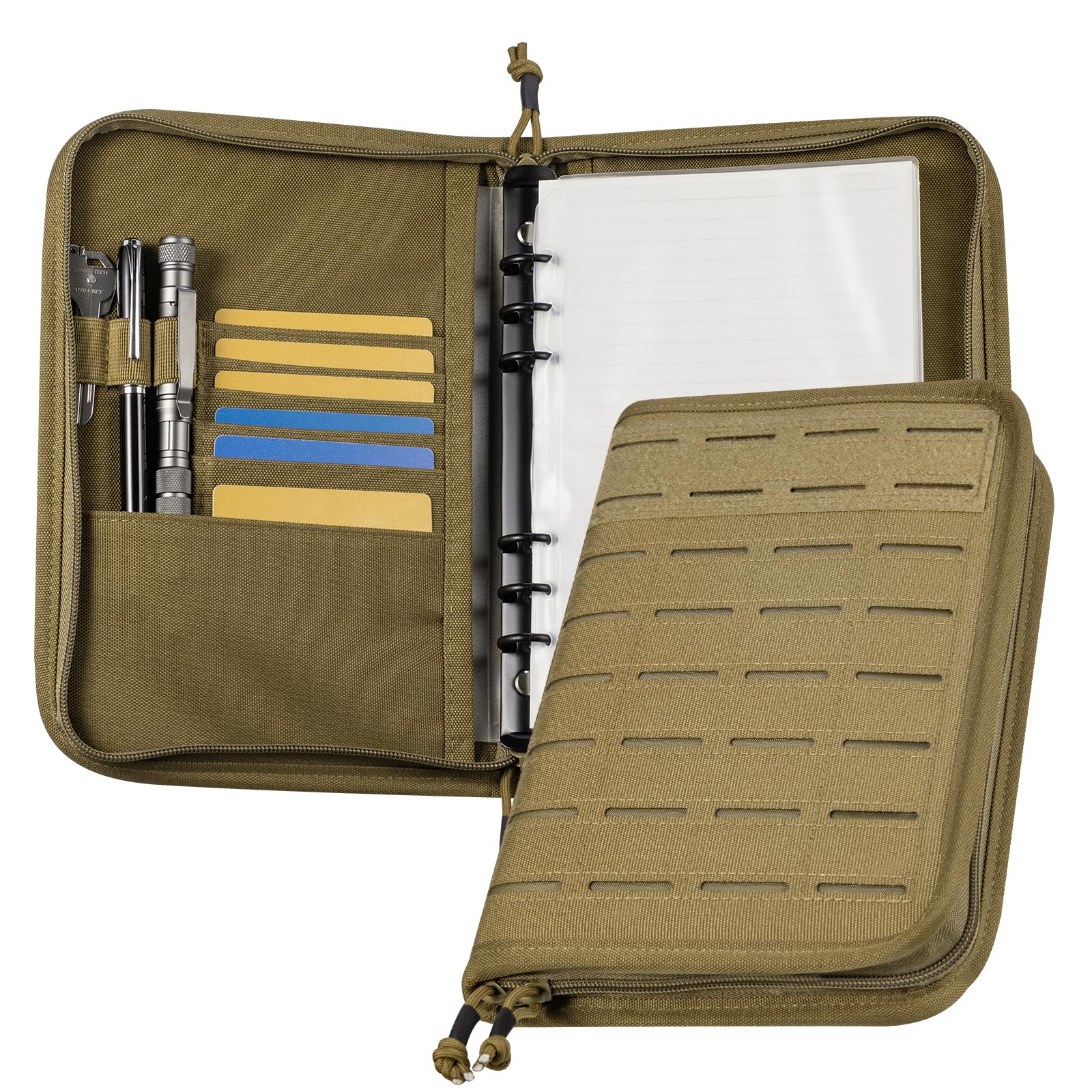 Kosibate Tactical Notebook Padfolio with Zipper, Detachable Refillable 6-Ring A5 Binder&80 Refill Paper, Molle Zip Notebook Cover,Multi-Pocket Organizer for Outdoor, Planners, Field Work,Travel(Khaki)