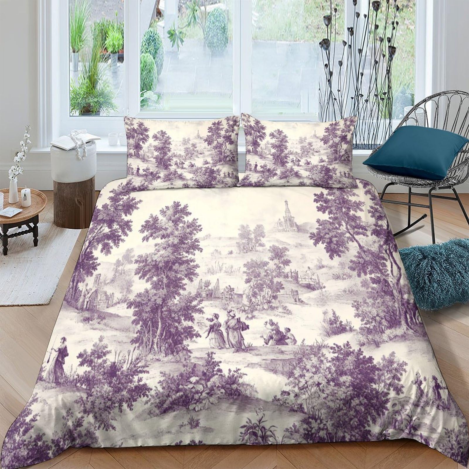 Ctjqhvkz Style-3 3D Printed Vintage Landscape Fitted Sheet Microfiber Purple Toile Art Mattress Cover Bedroom Home Decor Washable Single（135X200cm）