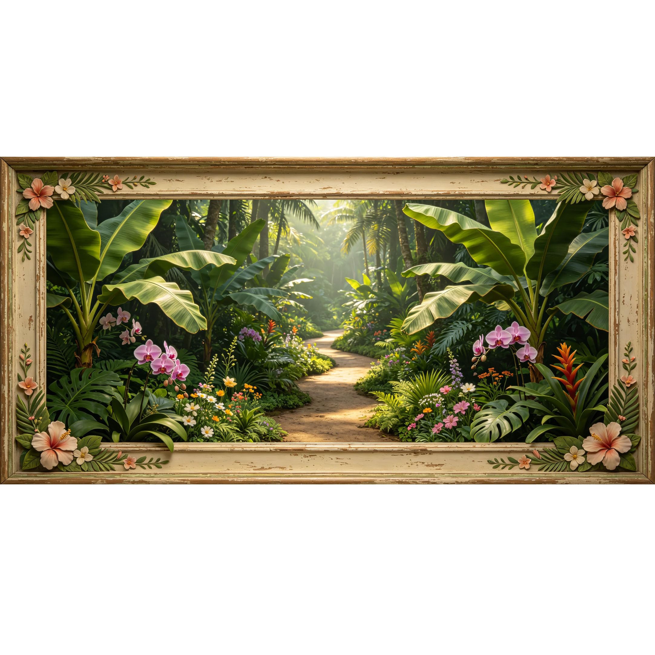 Agglomerix 3D Framed Wall Art Tropical Forest Path Palm Leaves Orchid Flowers Botanical 3D Trompe l'oeil Large Size SelfAdhesive Removable Wall Decor Prints Artwork for Living Room Bedroom Office
