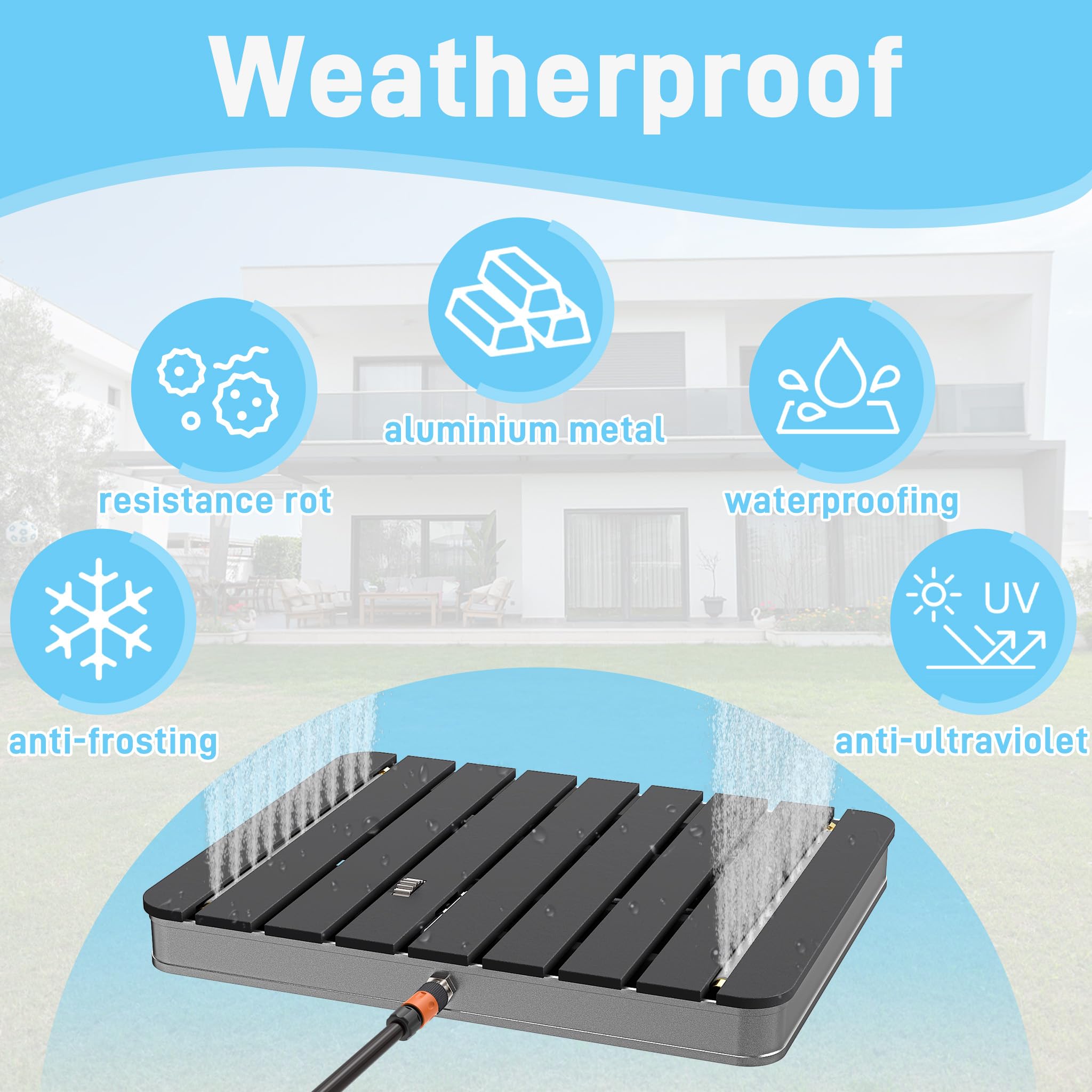 UISEBRT WPC Ducha de jardín con ruedas hasta 4 m de altura de la fuente, antideslizante, resistente a la intemperie y a las heladas y a los rayos UV, ducha exterior para piscina, camping, sauna