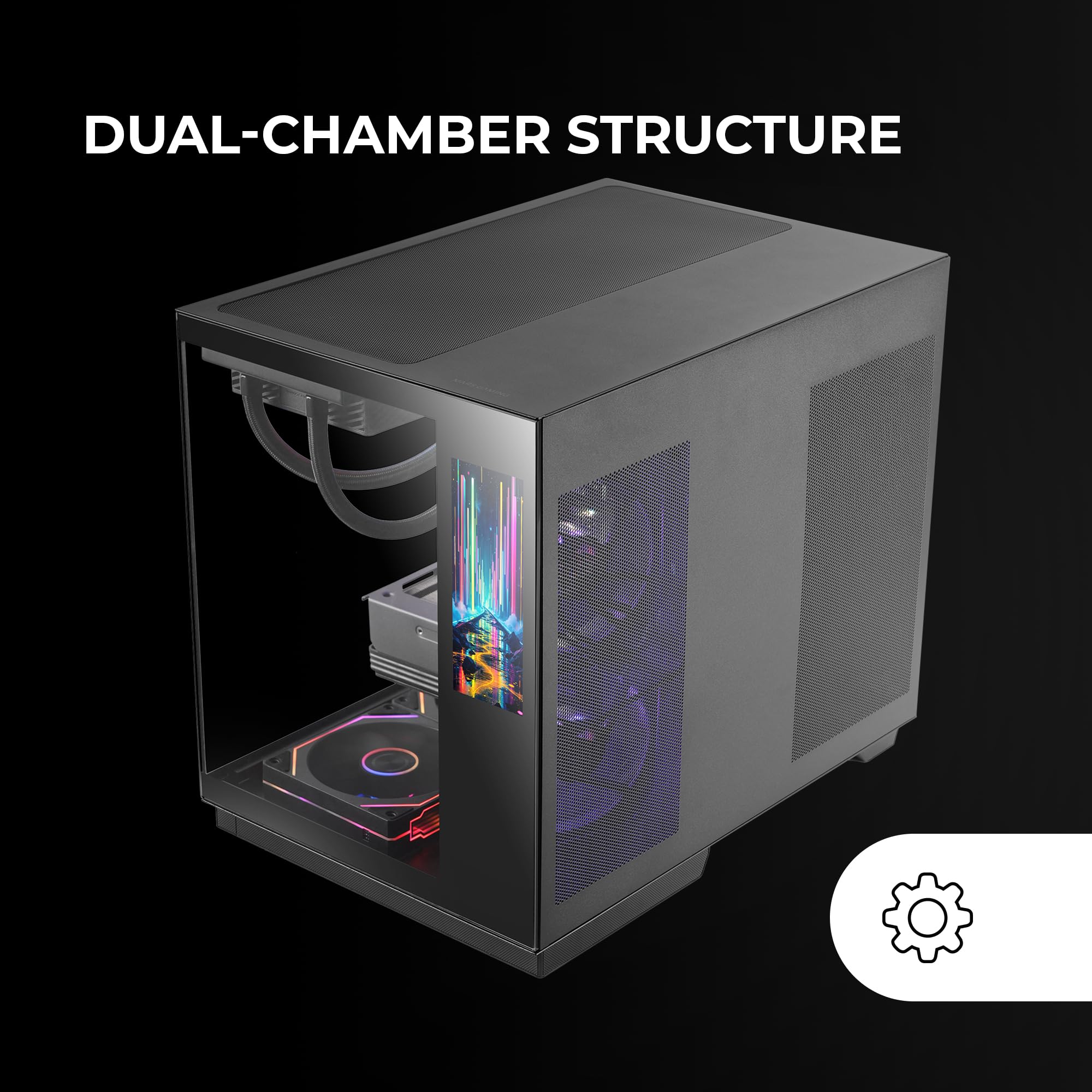 Mars Gaming MC-MIRAGE, Case Gaming ATX, Schermo LCD IPS 7,2” Personalizzabile, Vetro Temperato Continuo Frontale e Laterale, Struttura Doppia Camera, Supporto Raffreddamento Liquido fino 360mm, Nero