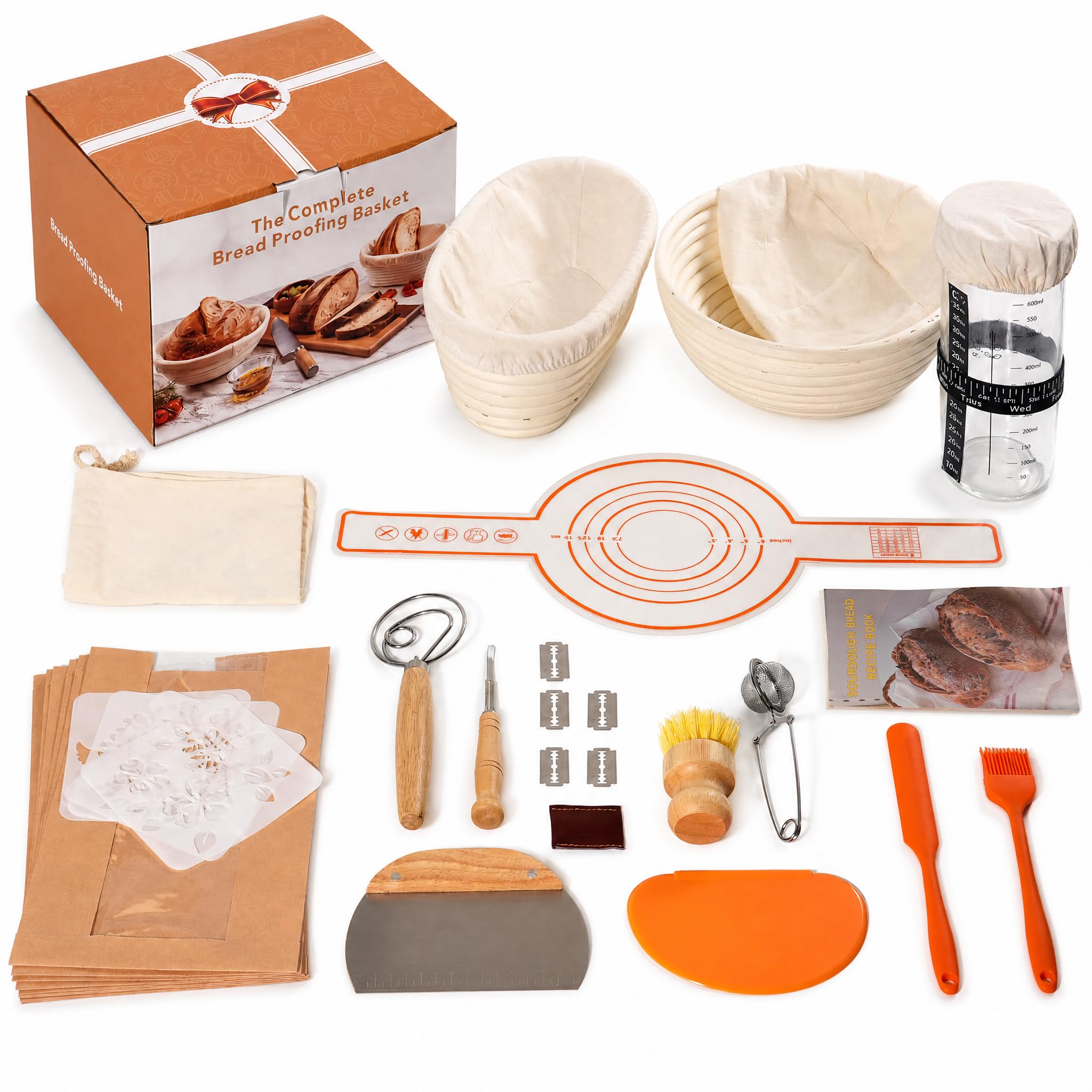 Sourdough Starter Kit, Sourdough Bread Baking Supplies, Round & Oval Banneton Bread Proofing Basket with 24oz Glass Sourdough Starter Jar & Sourdough Bread Baking Supplies, Gift for Home Bakers