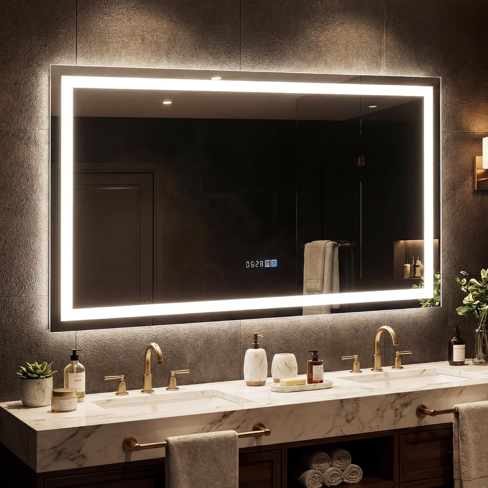 Tangkula 45x28 inch LED Bathroom Mirror installed above a double vanity with warm lighting.