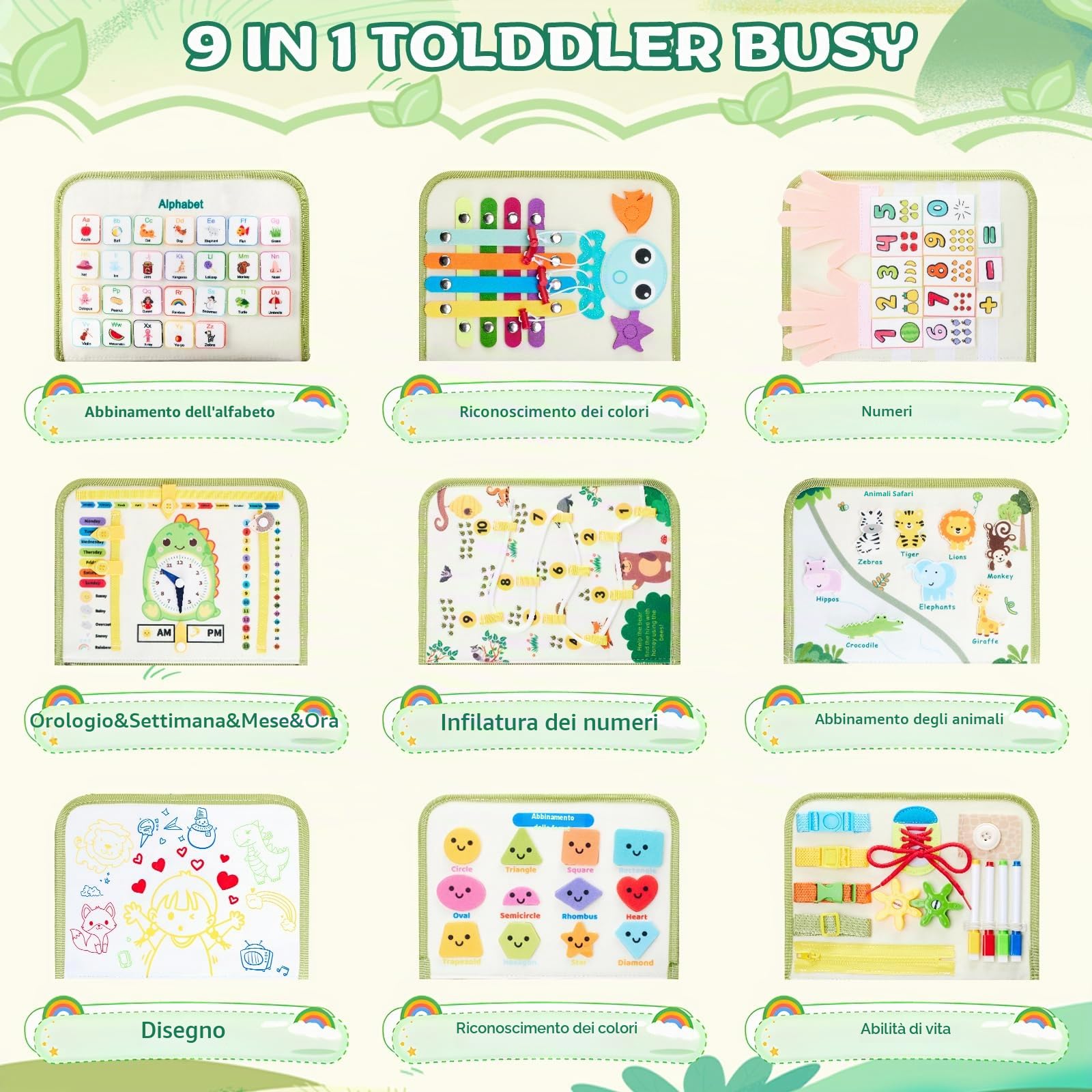 Busy Board, Libro Silenzioso Montessori Giocattolo a partire da 3 4 5 6 anni, 9 In 1 Tavola Attività per Bambini Piccoli Giocattolo Motorio, Giocattolo Educativo Sensoriale, Libro Attività, Giocattolo