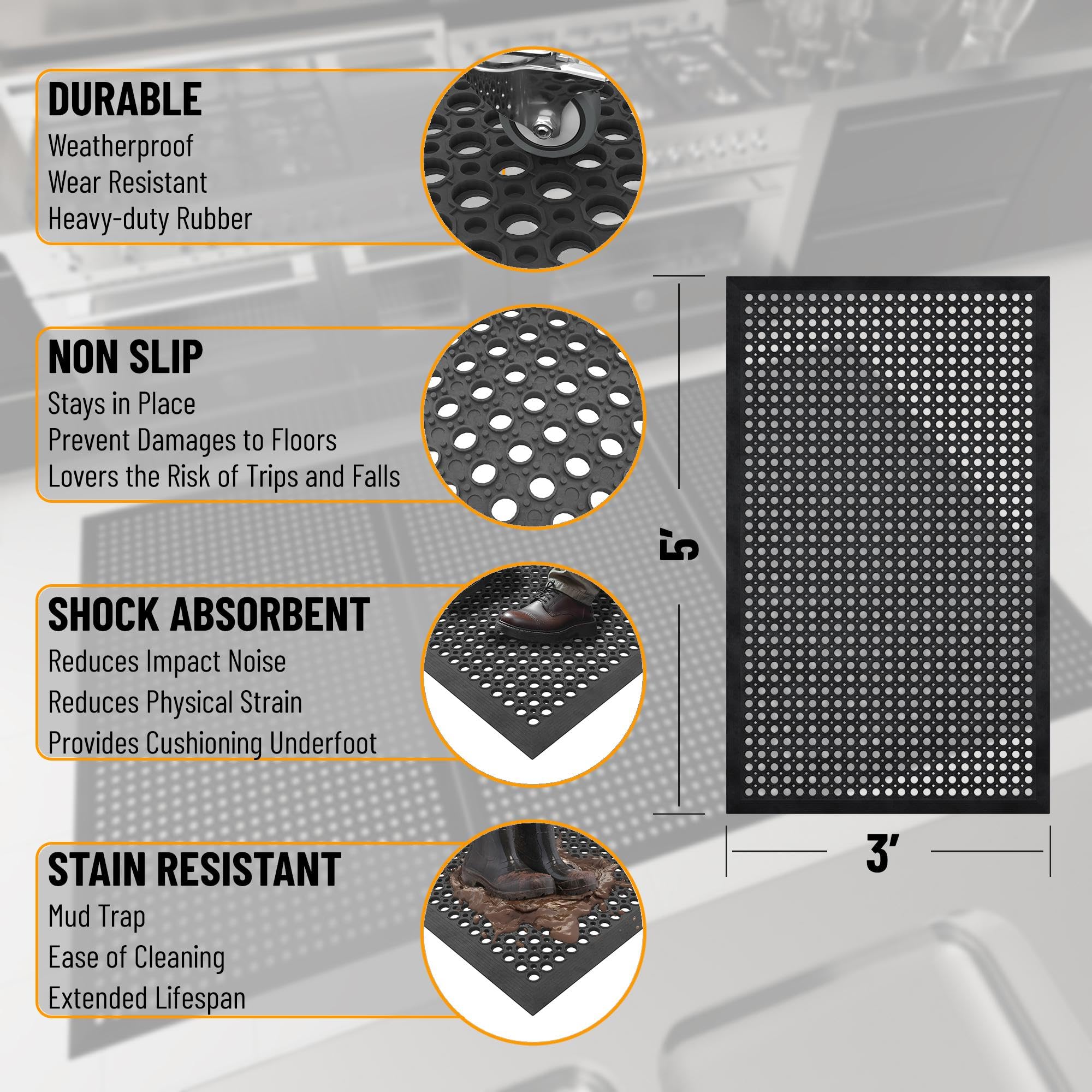 Ottomanson Heavy Duty Rubber Floor Mat – Non-Slip, Waterproof, Easy to Clean – Anti-Fatigue Mat for Commercial Kitchens, Restaurants, Workshops – Oil Resistant, Hose Washable – 36" x 60", Black