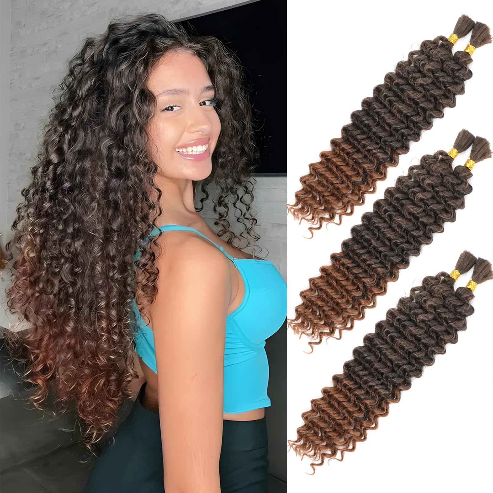 Deep Wave Bulk Hair for Braiding 18 Inch No Weft Deep Wave Bundles Curly Braiding Hair Extensions for Boho Braids and Wavy Braiding Hair 2 Braids per Pack T30# 22 Inch 3 Pack