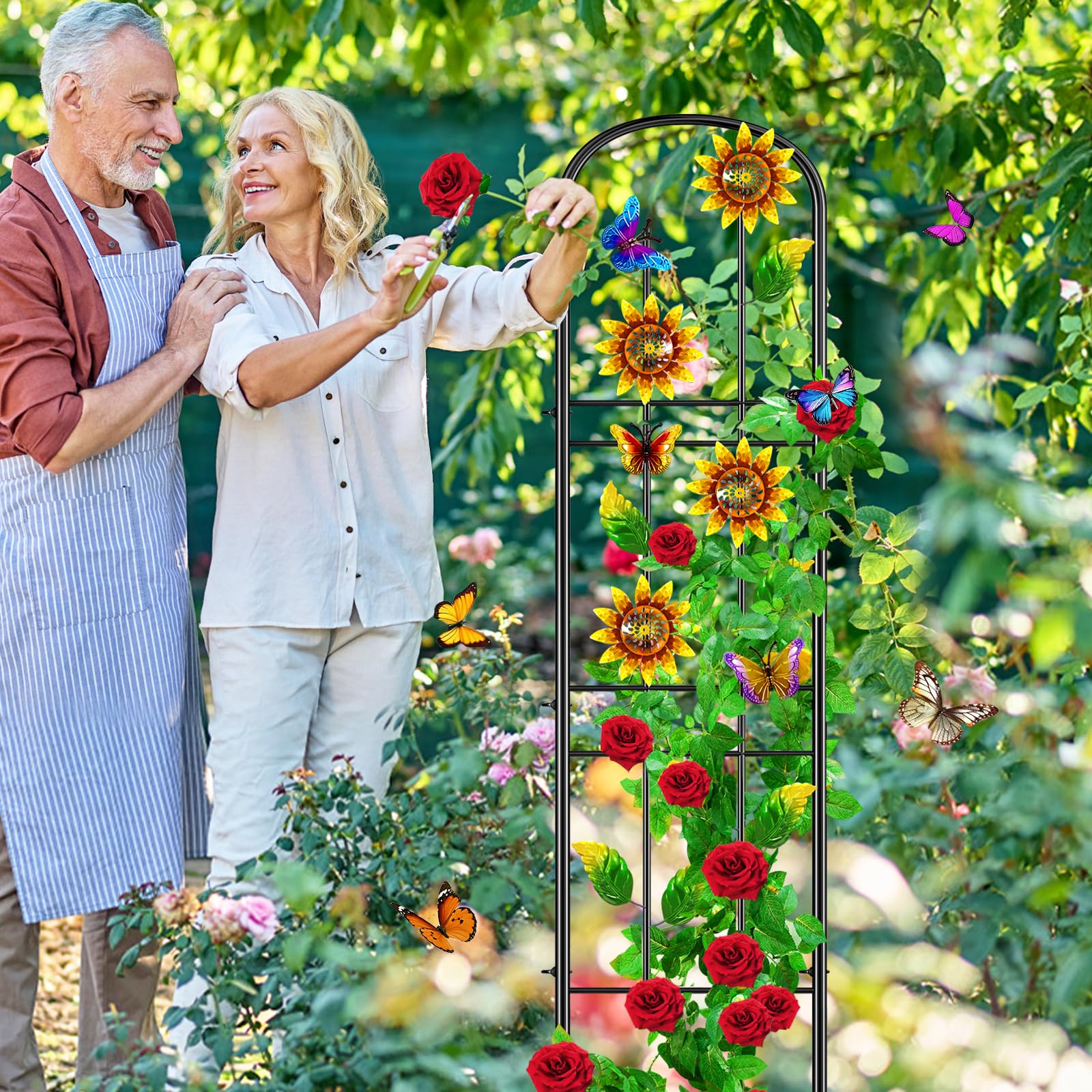 Lot de 2 treillis de jardin en métal autoportants à planter - Décoration de jardin - Treillis de jardin - Tuteur pour roses, fleurs et plantes grimpantes - 151,5 x 28 cm (tournesols)
