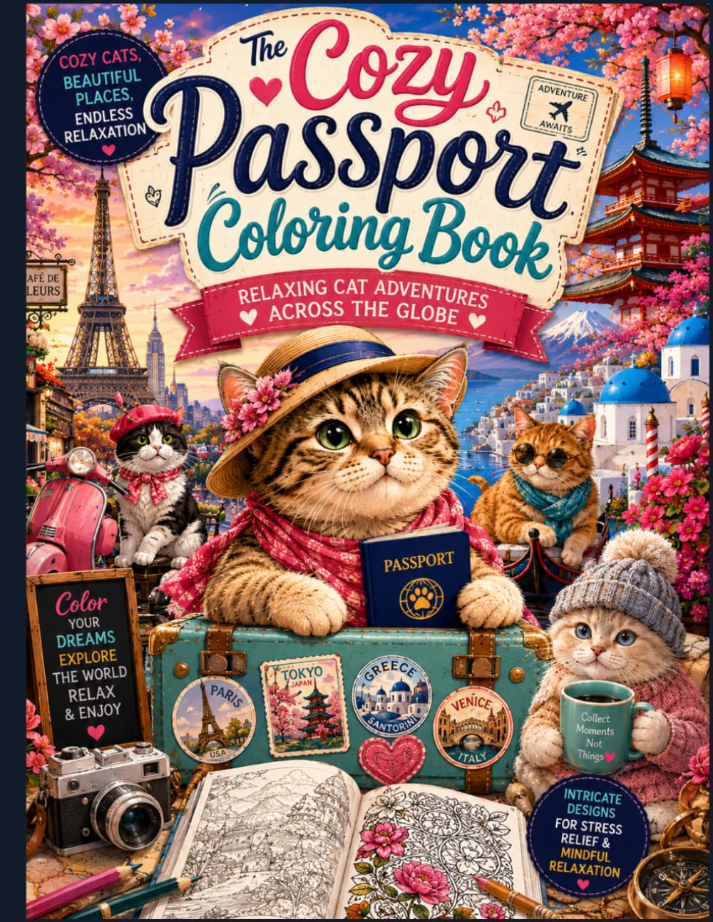 The Cozy Passport Coloring Book: Relaxing Cat Adventures Across the Globe