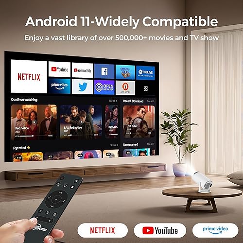 Miniatura 2 de Mini proyector portátil compatible con 4K, proyector inteligente con WIFI y Bluetooth inalámbrico, 200 lúmenes ANSI, Android 11, rotación de 210,